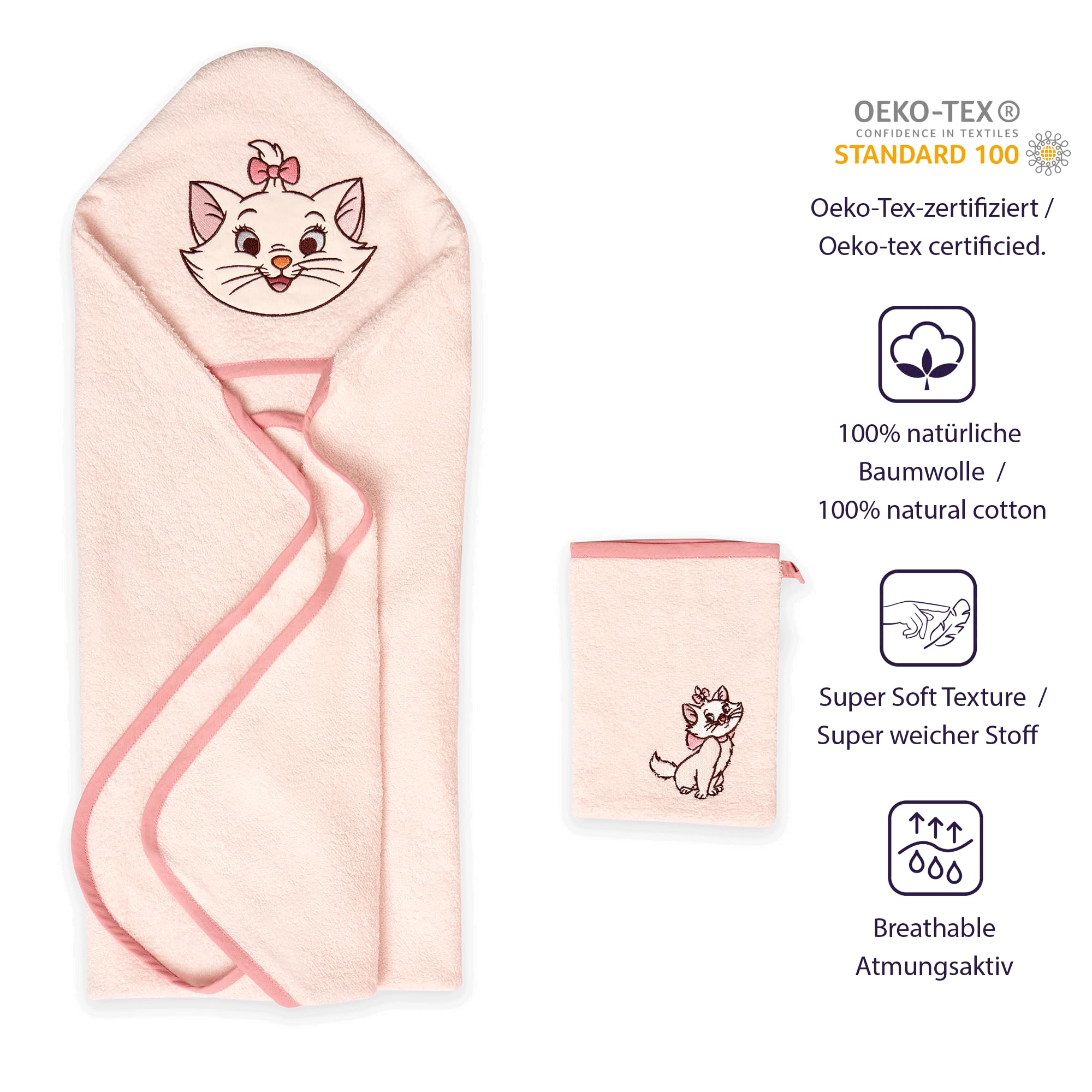 Disney Home Marie Cat zestaw ręczników z kapturem dla niemowląt do 5 lat, miękki i chłonny, certyfikat Oeko-Tex, 2-częściowy, ręcznik z kapturem 80 x 80 cm, myjka 15 x 20 cm