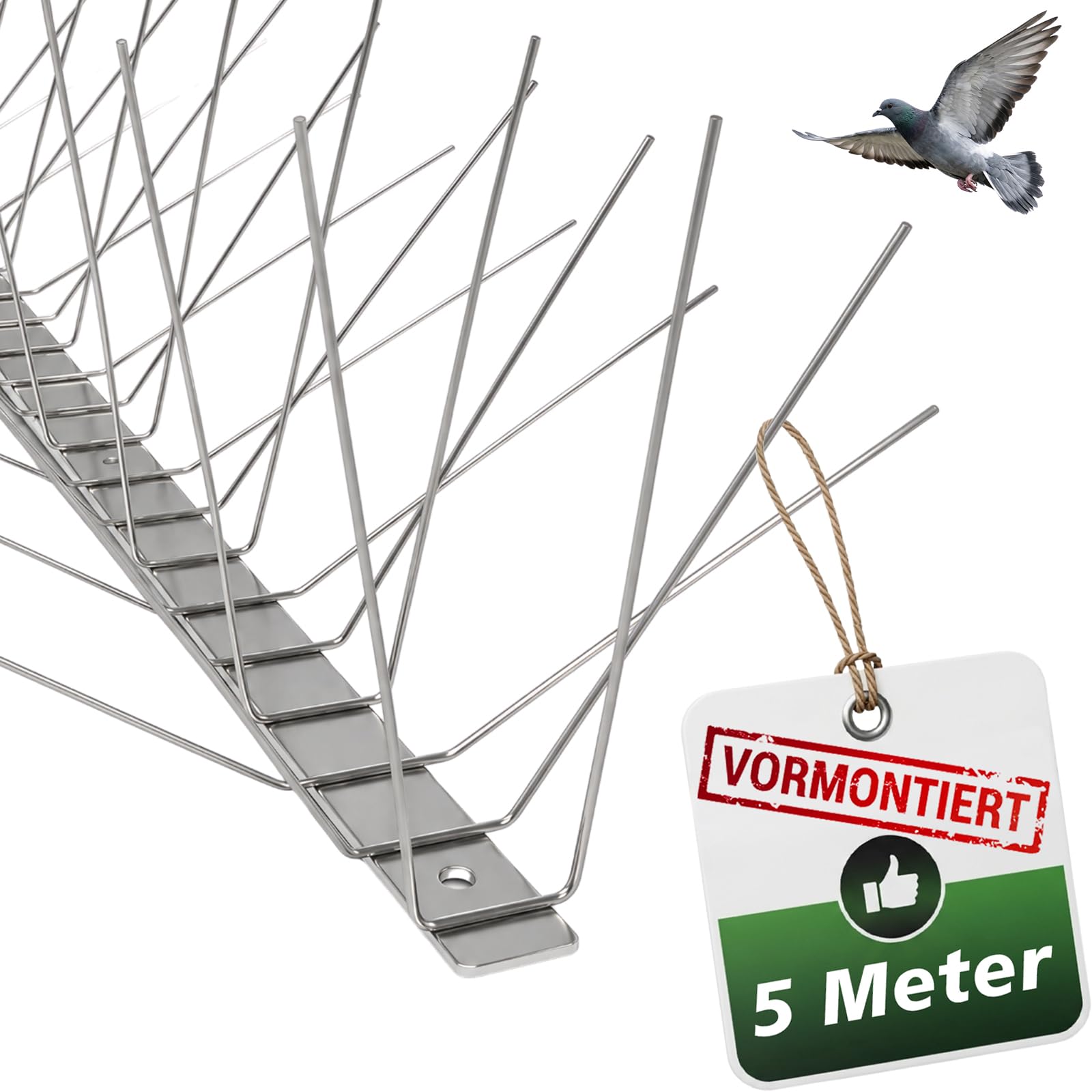Taubenabwehr Vogelabwehr mit Edelstahlgrundplatte 6-reihig 5 Meter (10 x 0,50cm vormontierte & einsatzbereite Spikes) Vogelschreck für Tauben & kleine Vögel Rostfrei aus Edelstahl V2A