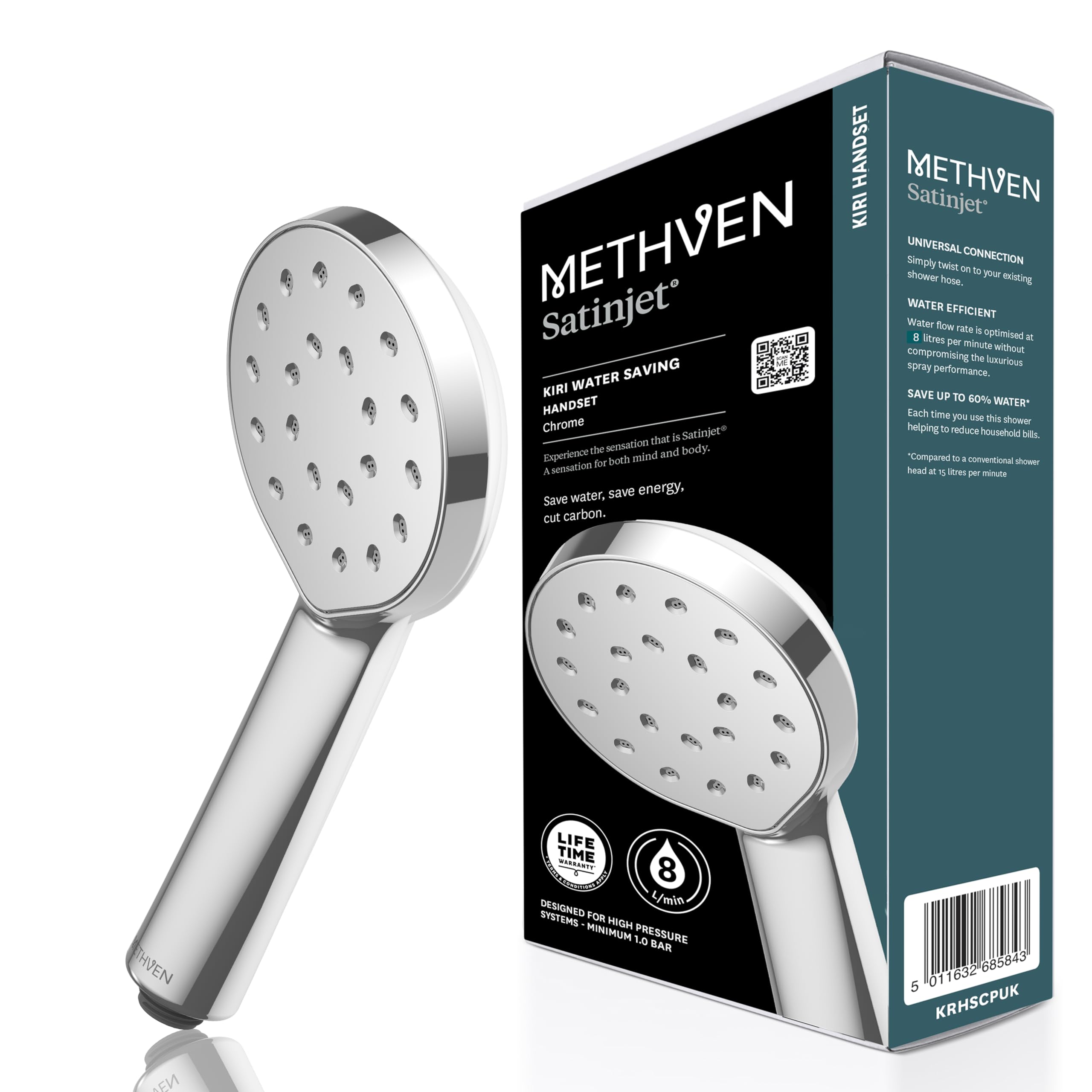 Methven Kiri MK2 Satinjet - Alcachofa de ducha de bajo consumo (8 l/min, acabado cromado, para cualquier sistema de presión baja o alta, ahorro de agua, rendimiento ecológico), color plateado