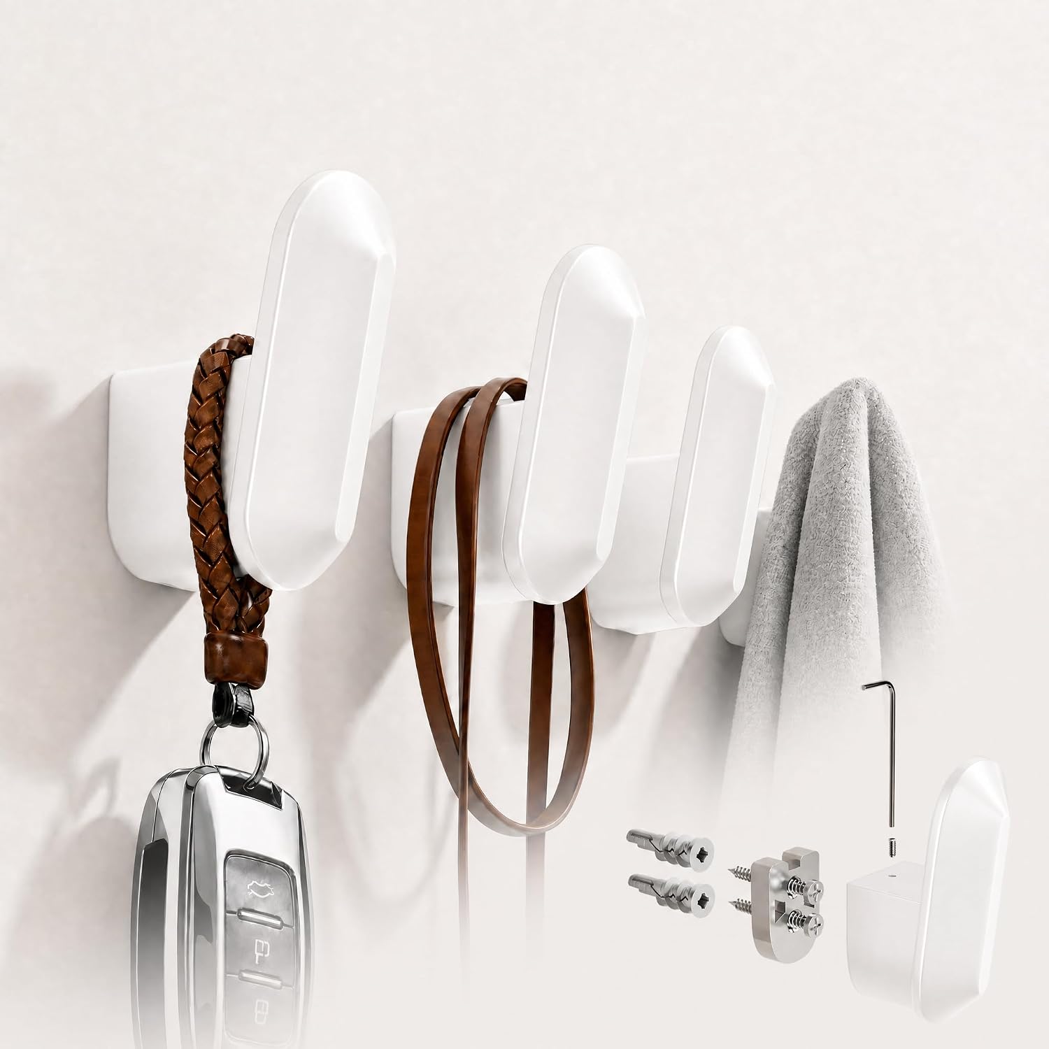 4-Pack White Towel Hook for Bathroom Heavy Duty, Robe Coat Hook Wall Hooks for Hanging Bag Hat Mudroom Bedroom Shower Closet, Drill in Hanger Mount with Screw, Holder Back of Door Outdoor
