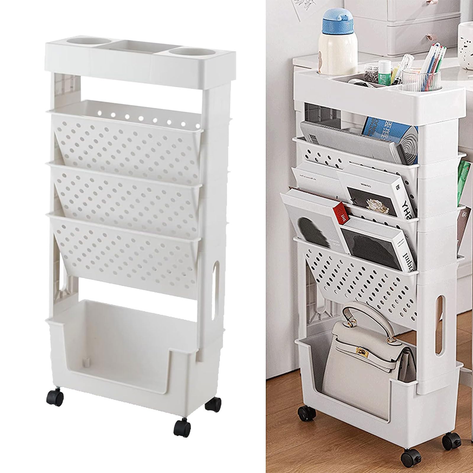 Buy Magazine Rack Book Carts with Wheels, 5 Tier Standing Shelf Unit