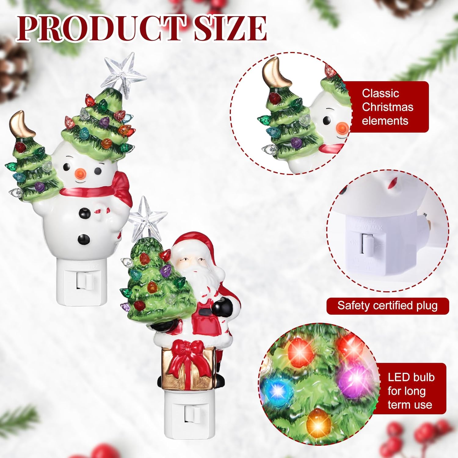2 Pack Christmas Decoration Night Light Plug Ceramic Santa Snowman Night Light with Switch LED for Christmas Gift Holiday Decor Home Room Fireplace Office