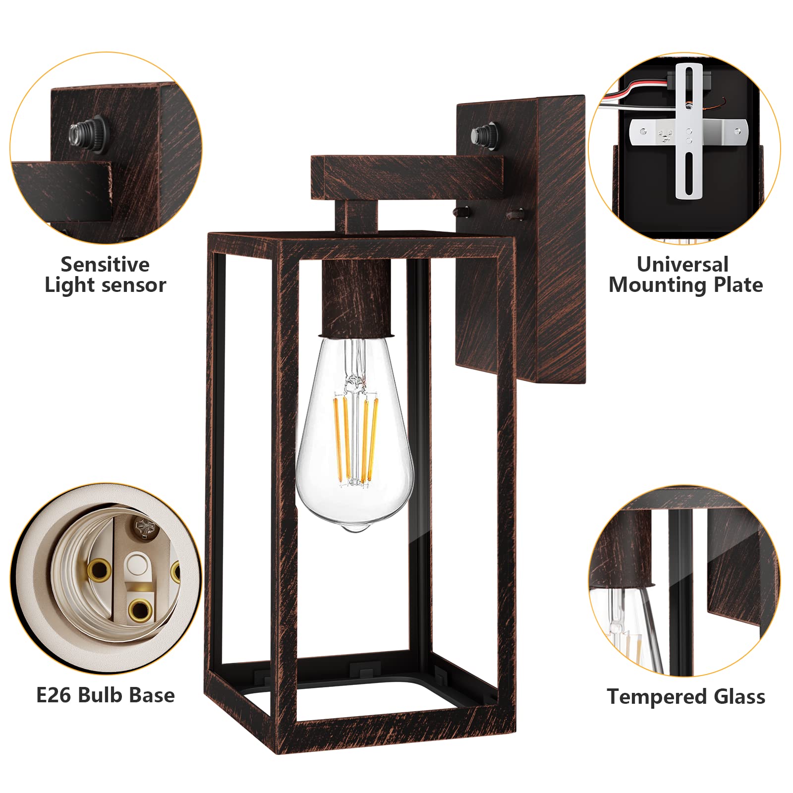 SHINE HAI Dusk to Dawn Outdoor Wall Lantern, Exterior Wall Sconce Sensor Light Fixture with E26 Base Socket, Waterproof Wall Mount Lights, Wall Lamp with Clear Glass Shade for Garage, Doorway (Brown)