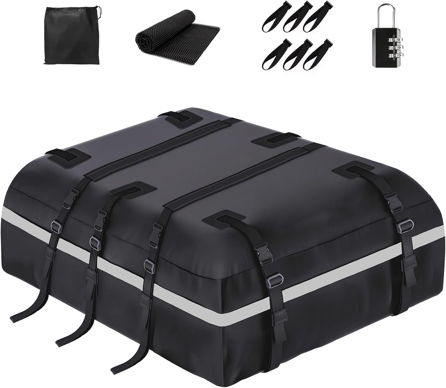 Car Rooftop Cargo Carrier Bag, 20 Cubic Feet 100% Waterproof Heavy Duty PVC Car Roof Bag for All Vehicle with/Without Racks -Anti-Slip Mat, 8 Reinforced Straps, 6 Door Hooks, Luggage Locks (Black)