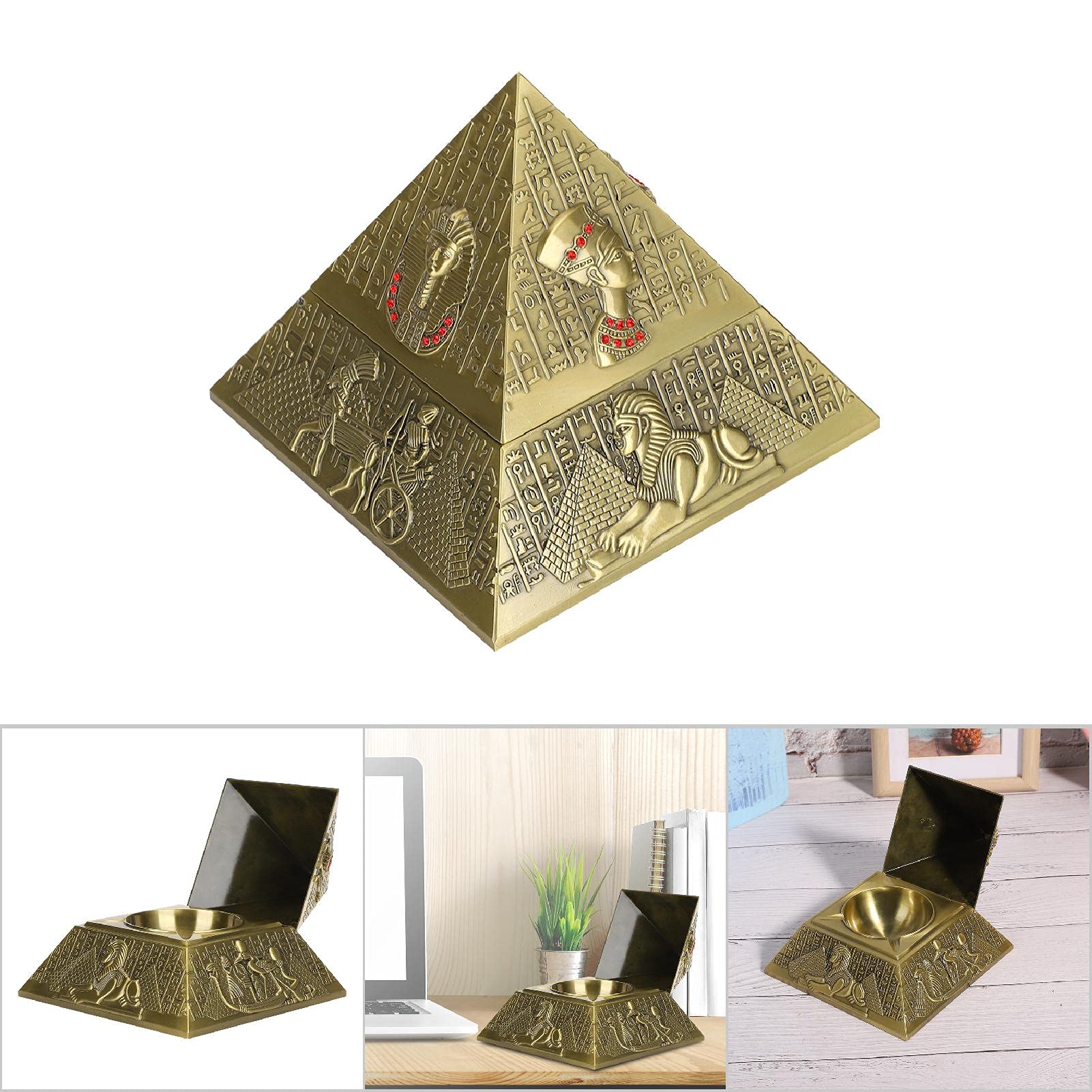 Ranvo Cigarette Ashtray, Three Grooves Ashtray, Decorative Egyptian Style Metal Desktop Pyramid for Gift Smoking(Bronze)