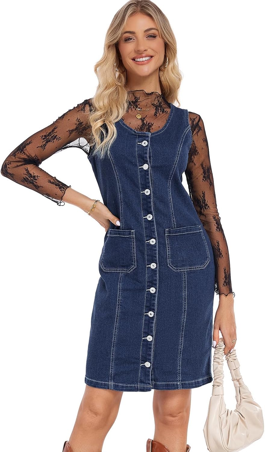 Women's Denim Dress Sleeveless Stretchy Crewneck Vintage Button Down Jean Dresses with Patch Pocket - Image 2