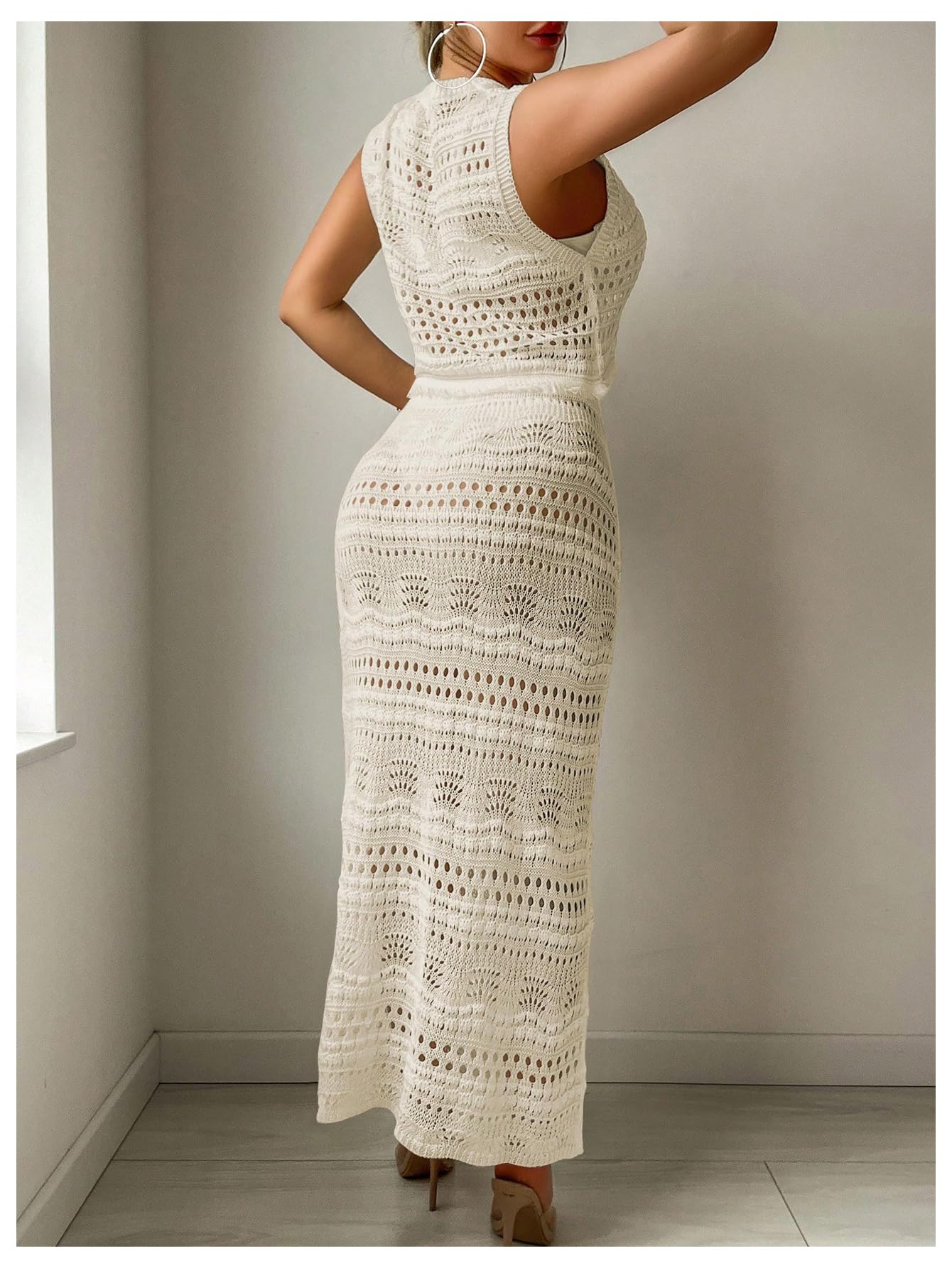 2 Pezzi da Donna Copricostume Hollow out Abiti da Spiaggia Maglia Canottiere e Gonna Bodycon Set