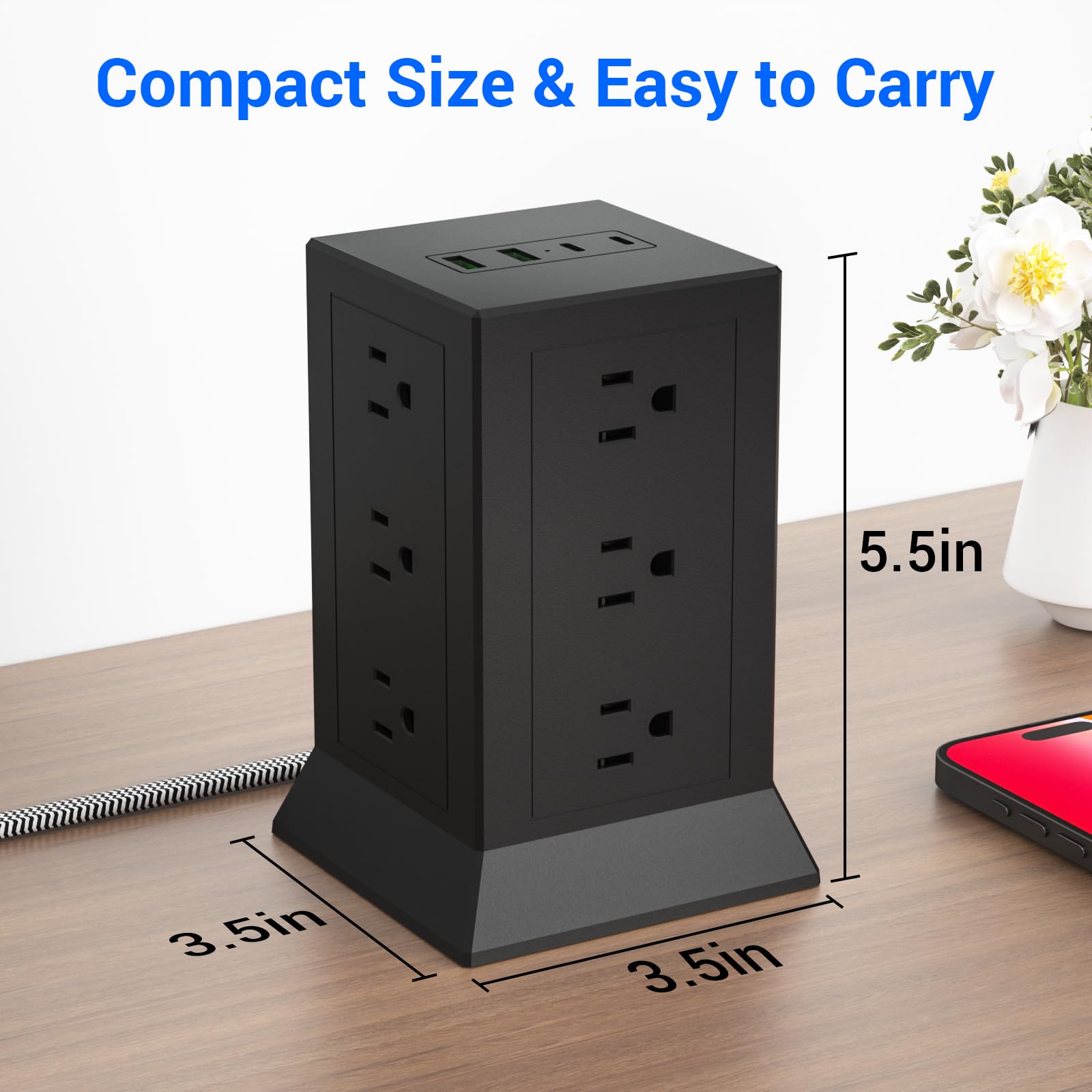 Wieża zasilająca z wieloma gniazdami, przedłużka 5 m, płaska wtyczka z 12 gniazdami AC, 4 porty USB (2 USB C), ochrona przed przepięciem