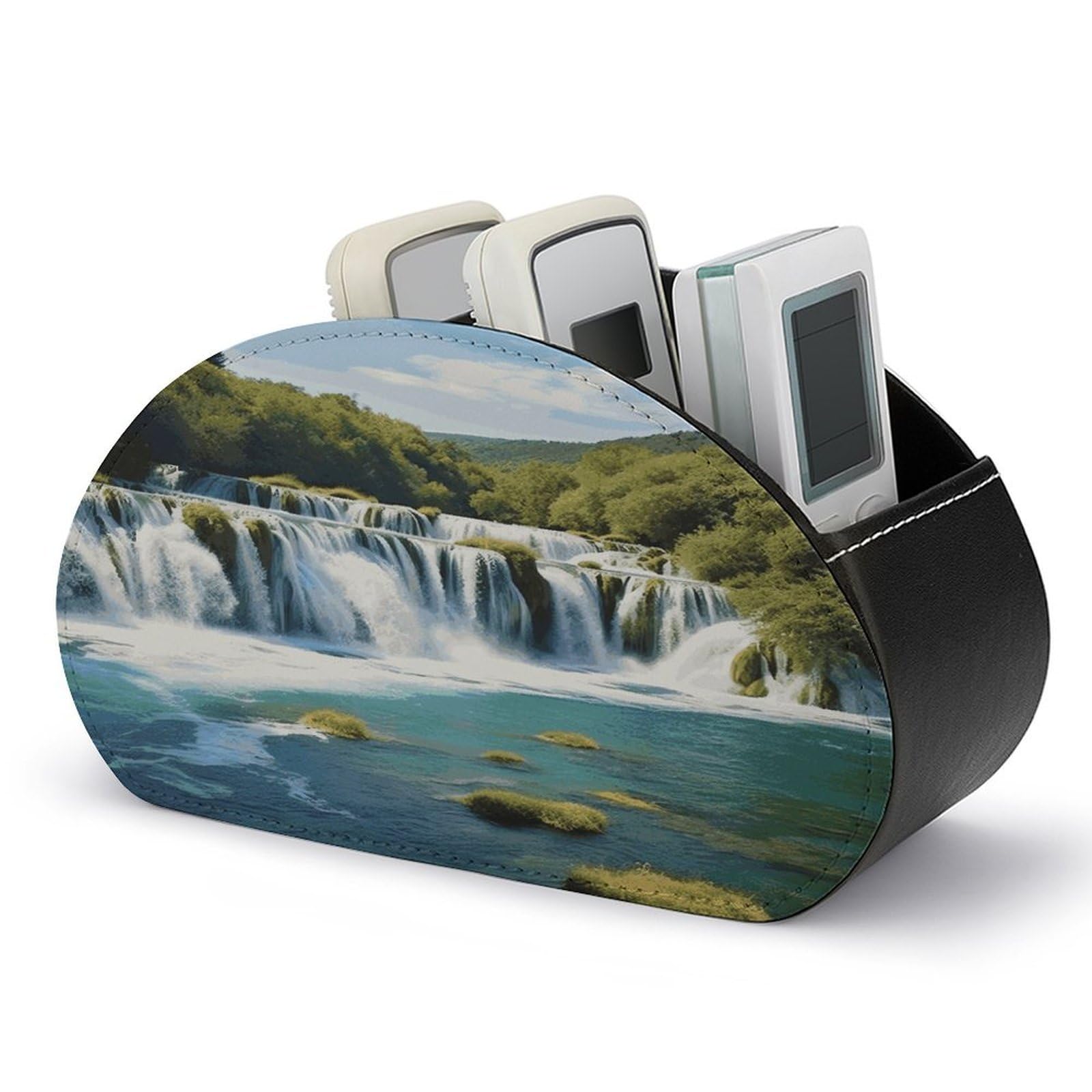 FekiLoot Waterfalls on Krka River Remote Control Holder with 5 Compartments Multi-functional TV Remote Caddy Organizer Leather TV Remote Holder Desktop Organizer Store for Bedside Table Office Desk