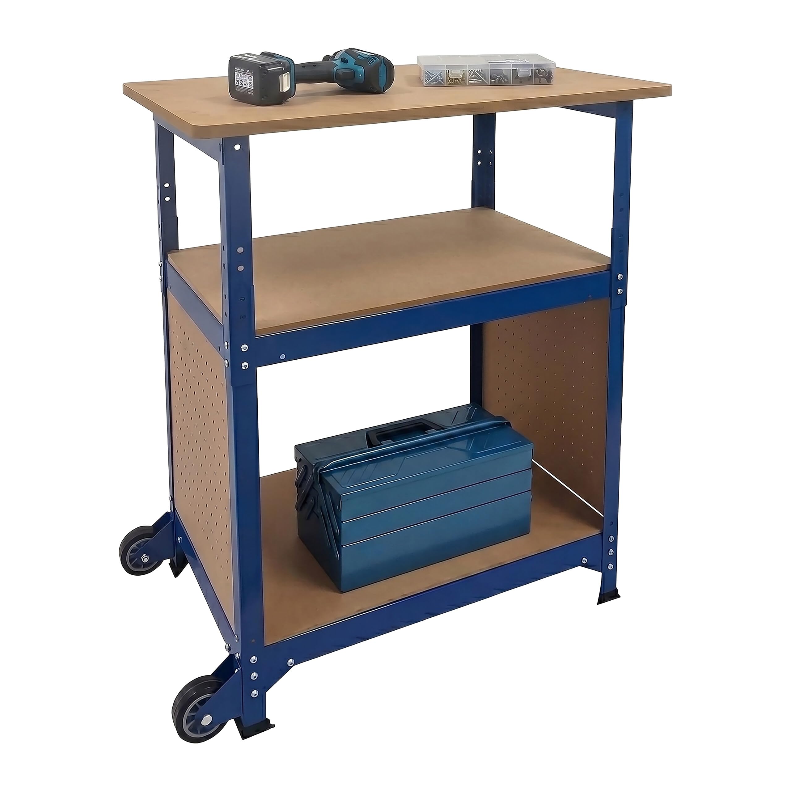 Établi Relaxdays sur roulettes, 69,5×72,5×50 cm, Hauteur réglable, Panneau perforé, Acier/MDF, Bleu