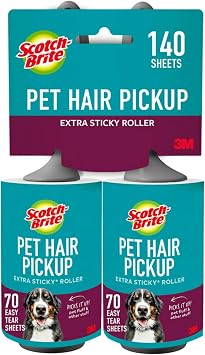 Scotch-Brite Pet Hair Pickup Extra Sticky Lint Roller, Designed for Removing Fur + Fluff on Couches, Clothes, Dog and Cat Beds, More, 2 Pack, 140 Easy - Tear Adhesive Sheets Total
