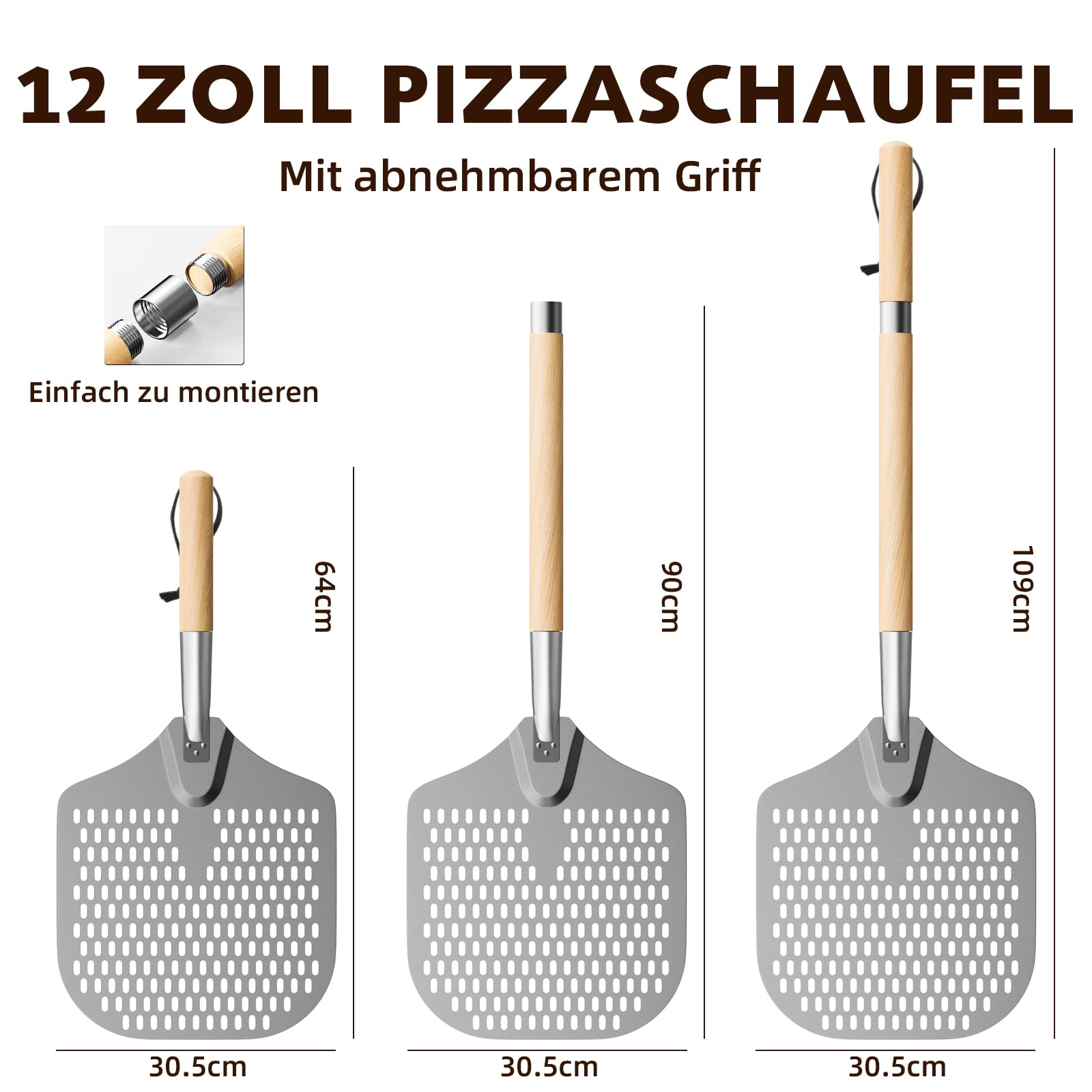Funtery Pelle à pizza perforée avec manche en bois en 2 parties, 30,5 × 30,5 cm