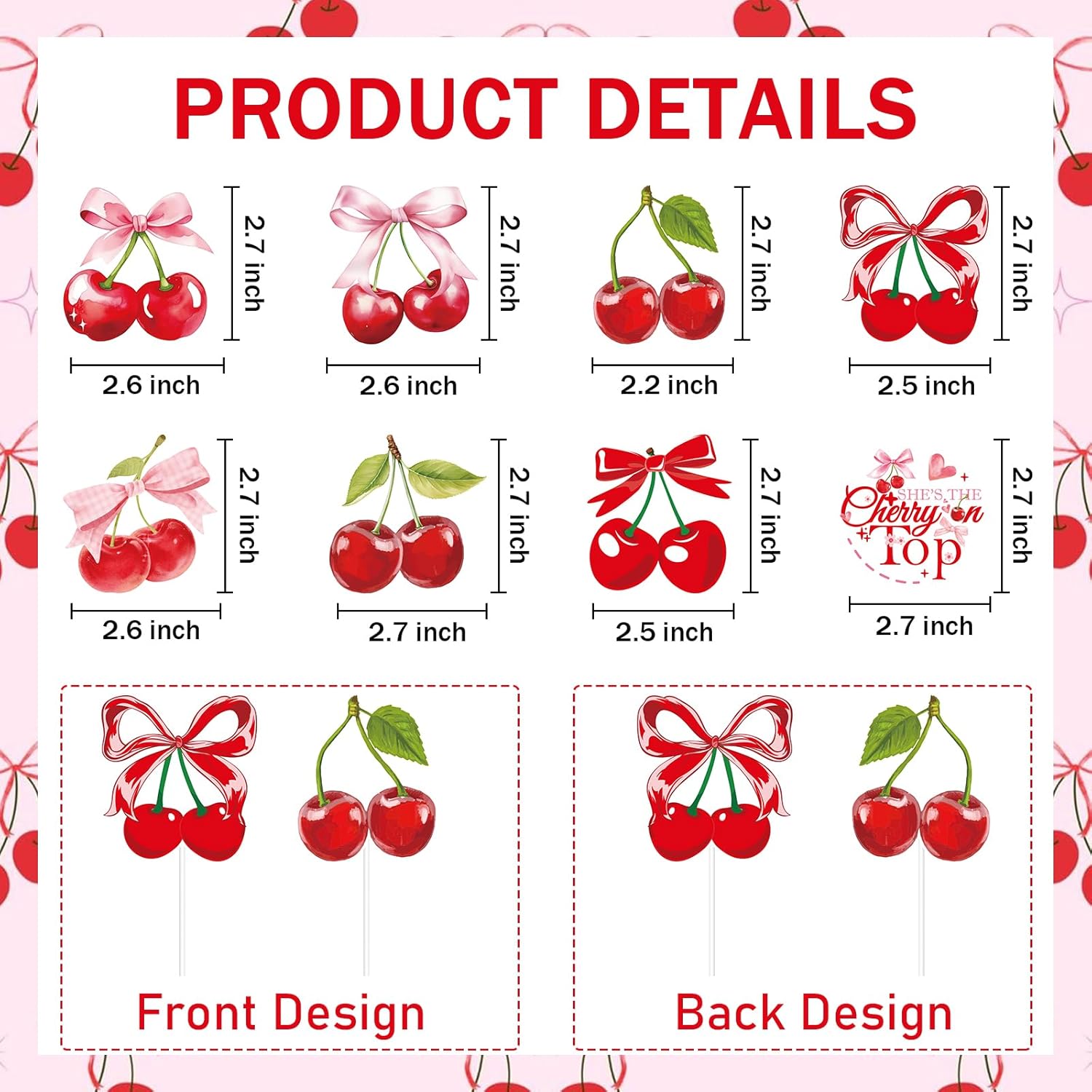 Cherries Baby Shower Decorations - 25 Pcs Pink and Red Sweet Cherries Bow Cake Cupcake Toppers On Top Dessert Decor Set Summer Fruit Themed Party Supplies for Girls Gender Reveal - Image 2
