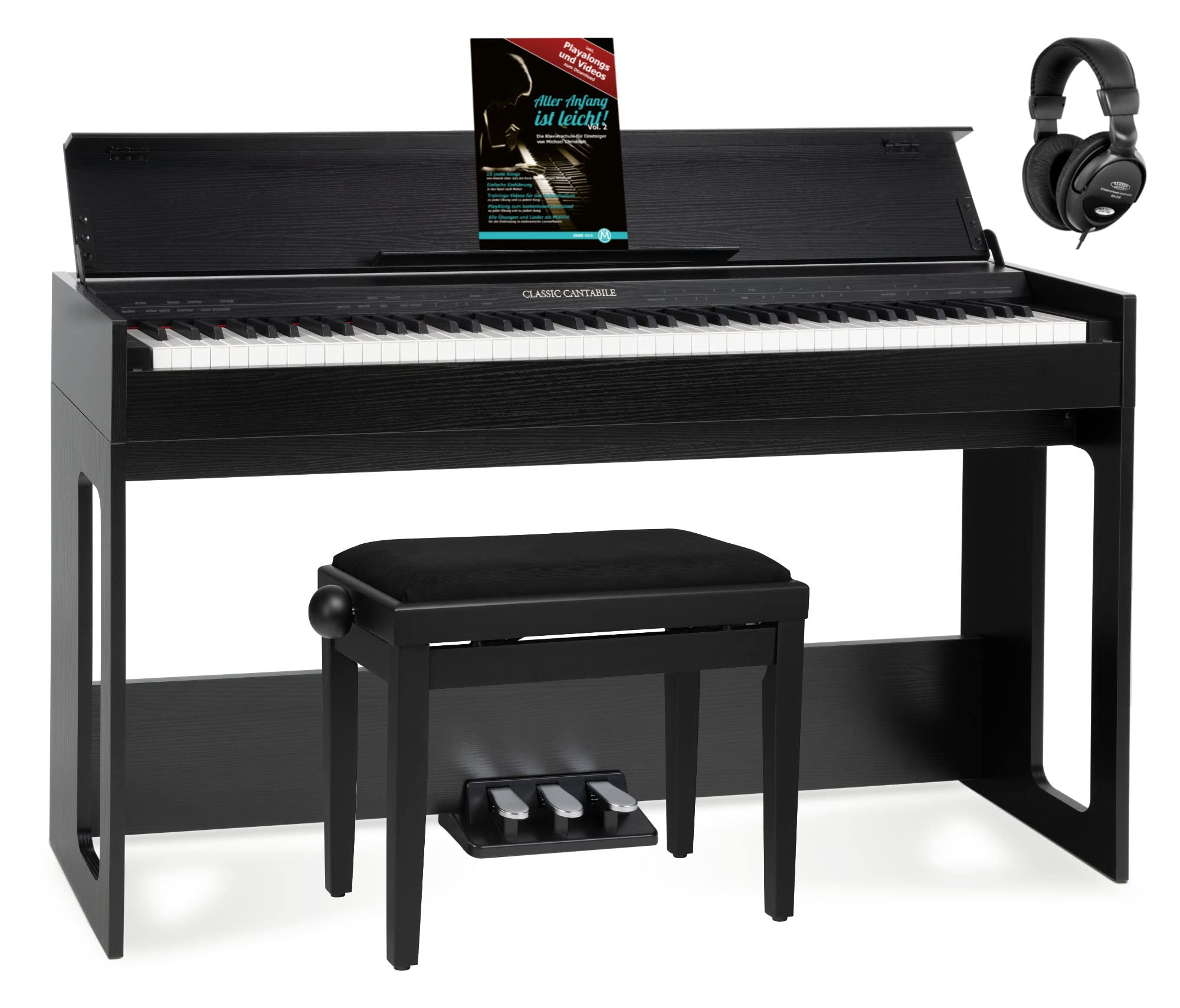 Classic Cantabile DP-S1 SM E-Piano Schwarz matt Set, Digitalpiano | 88 gewichtete Tasten mit Hammermechanik, 64-fache Polyphonie, Anschlagsdynamik in 5 Stufen einstellbar, 1 interner Demo-Song