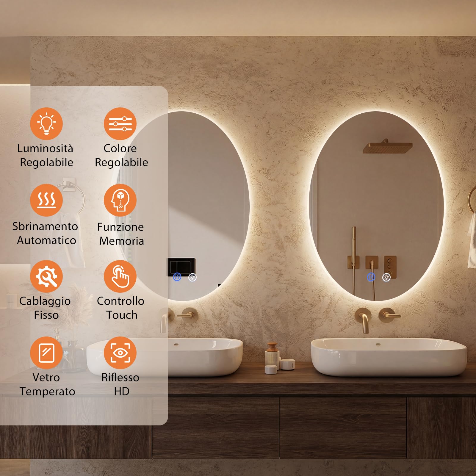 COSTWAY Specchio da Bagno Ovale 70 x 50 cm, Specchio Retroilluminato Bagno con Luce, Antiappannamento, 3 Colori di Luce Dimmerabili, Funzione Memoria e Vetro Temperato Infrangibile per Ingresso, IP44