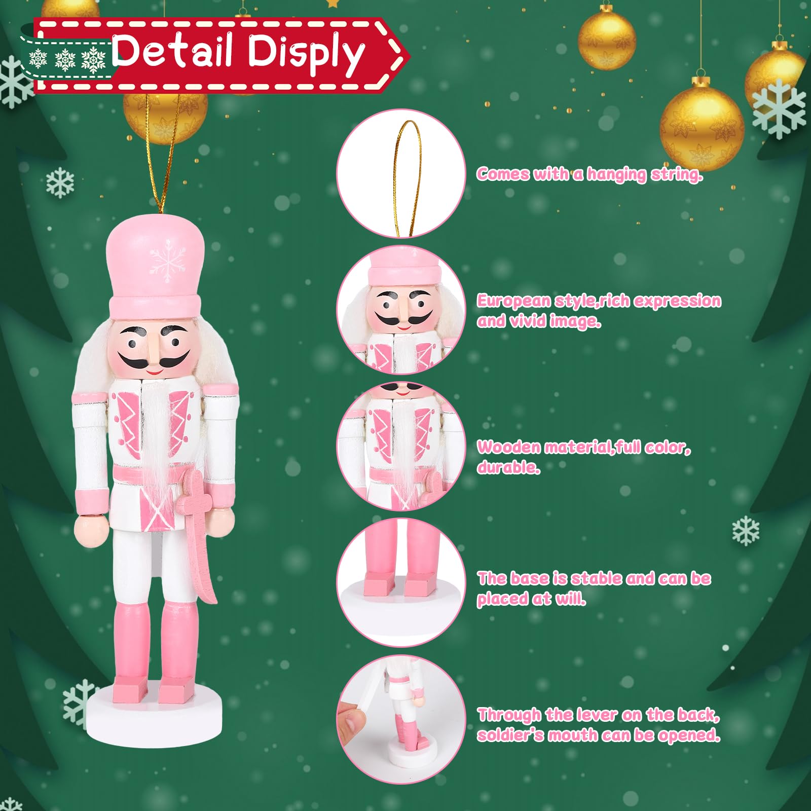 5 Pcs Soldat Casse-Noisette Rose 13 Cm - Ornements Noël En Bois Pour Arbre Et Décoration