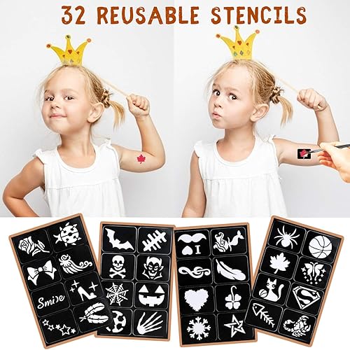 Miniatura 5 de Kit de pintura facial para niños, 32 plantillas, 24 pinturas grandes a base de agua, 2 pinceles, pintura facial y corporal de calidad profesional,