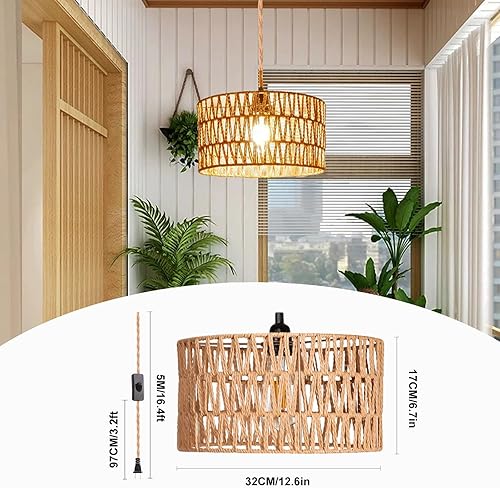 Miniatura 2 de Lámparas Colgantes de Ratán Luz Colgante Luces Colgantes Cable de 16.4 pies con Enchufe Lámpara Colgante que se Enchufa a Toma de Pared Iluminación