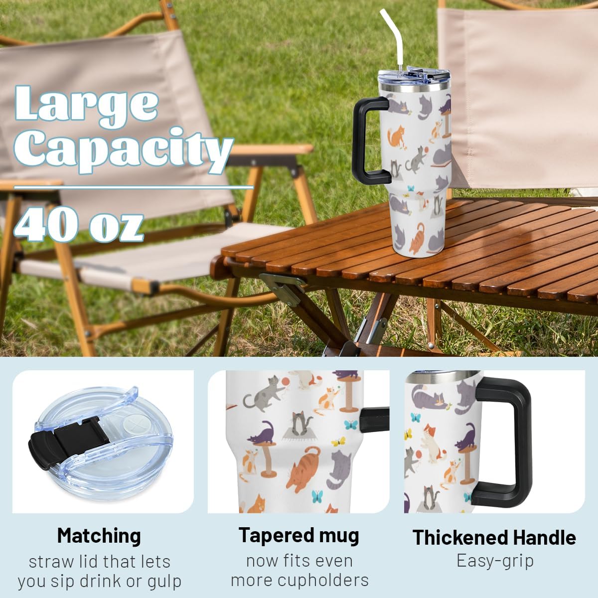 Cute Cats Water Bottle with Straw, Winter Partner Stainless Steel Tumbler with Handle, Thermal Cup for Cold and Hot Drinks, Desktop Pet, Present for Cat Lovers, 40oz - Image 3