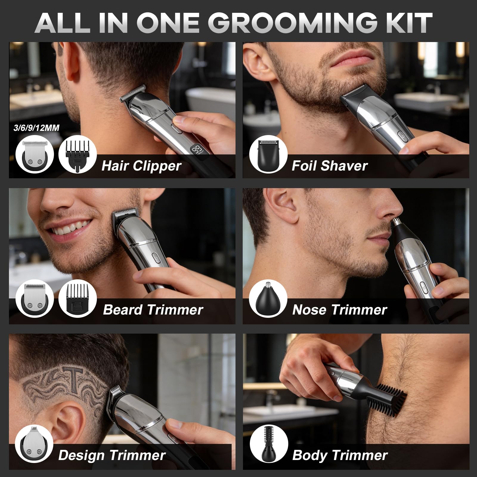Rasoio da barba da uomo, kit professionale per la toelettatura degli uomini, rasoio elettrico impermeabile, rasoio elettrico senza fili, per viso, baffi, naso, set di tagliacapelli senza fili, regalo