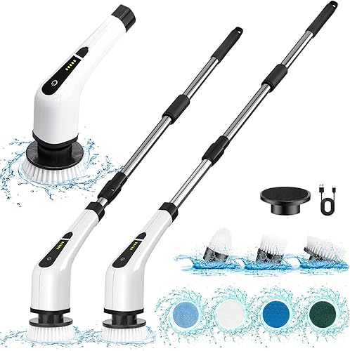 Limpiador eléctrico giratorio, limpiador eléctrico inalámbrico para bañera con mango largo y 7 cabezales reemplazables, desmontable como mango