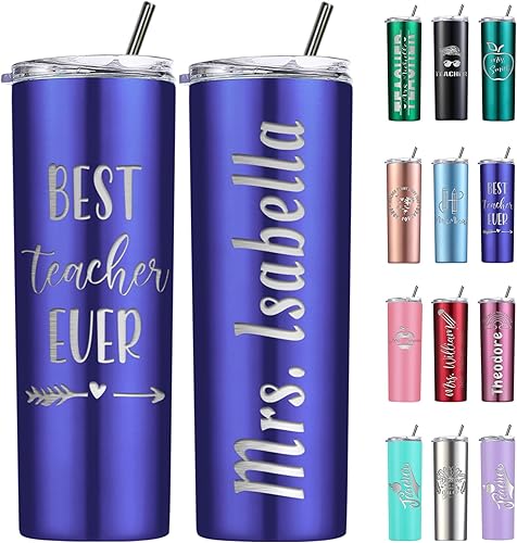 Vasos personalizados para profesores con tapas y popotes, vaso delgado grabado personalizado con nombre personalizado, vaso aislado de 20 onzas,