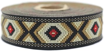 10.9 Yards Spool 0.98 inch Wide Dark Beige and Camel Color Geometric Jacquard Ribbon Embroidered Trim Woven Border DIY Crafting 25952 V2