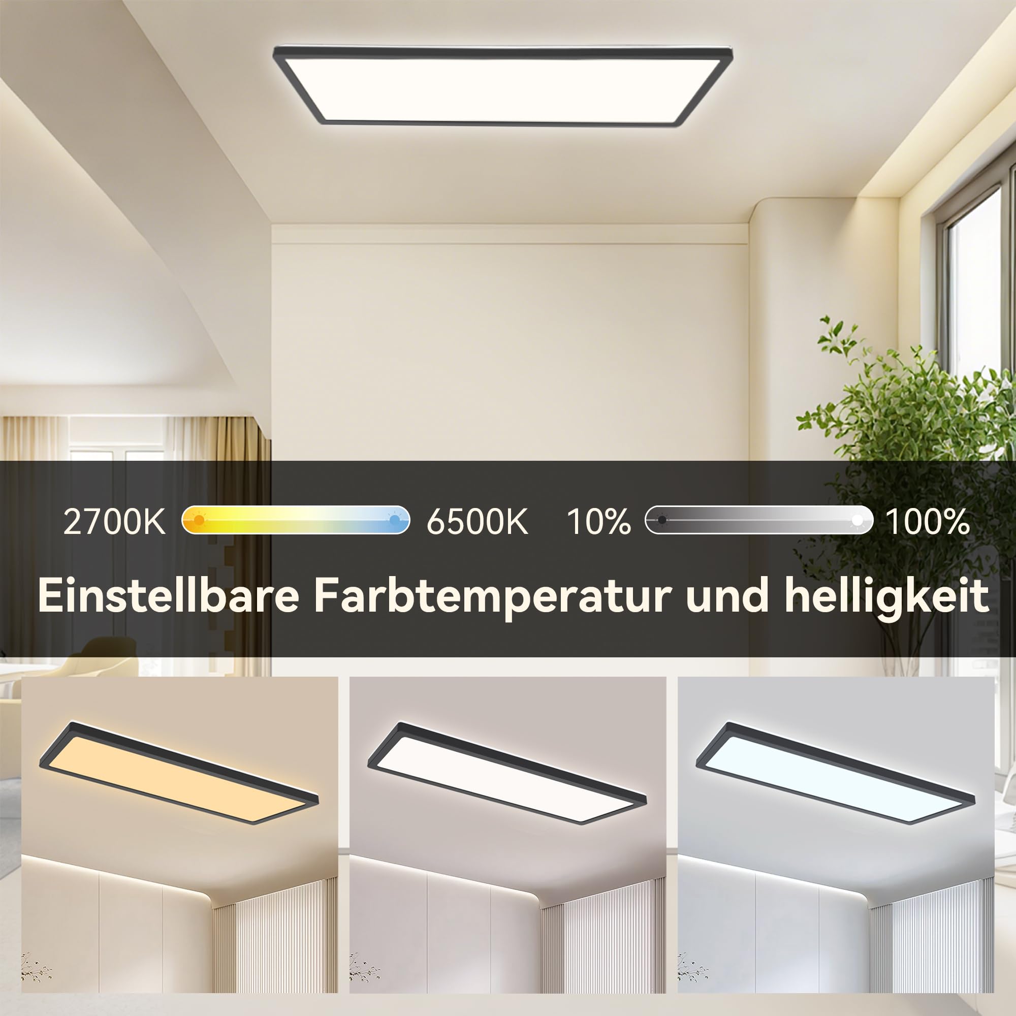22W Deckenlampe LED Deckenleuchte Dimmbar 2800LM, Schwarz, 58x20cm | mit Fernbedienung, 2700K-6500K, Rechteckig, IP44 Wasserdicht, Ultra Dünn küchenlampe LED Panel for küche Schlafzimmer Büro