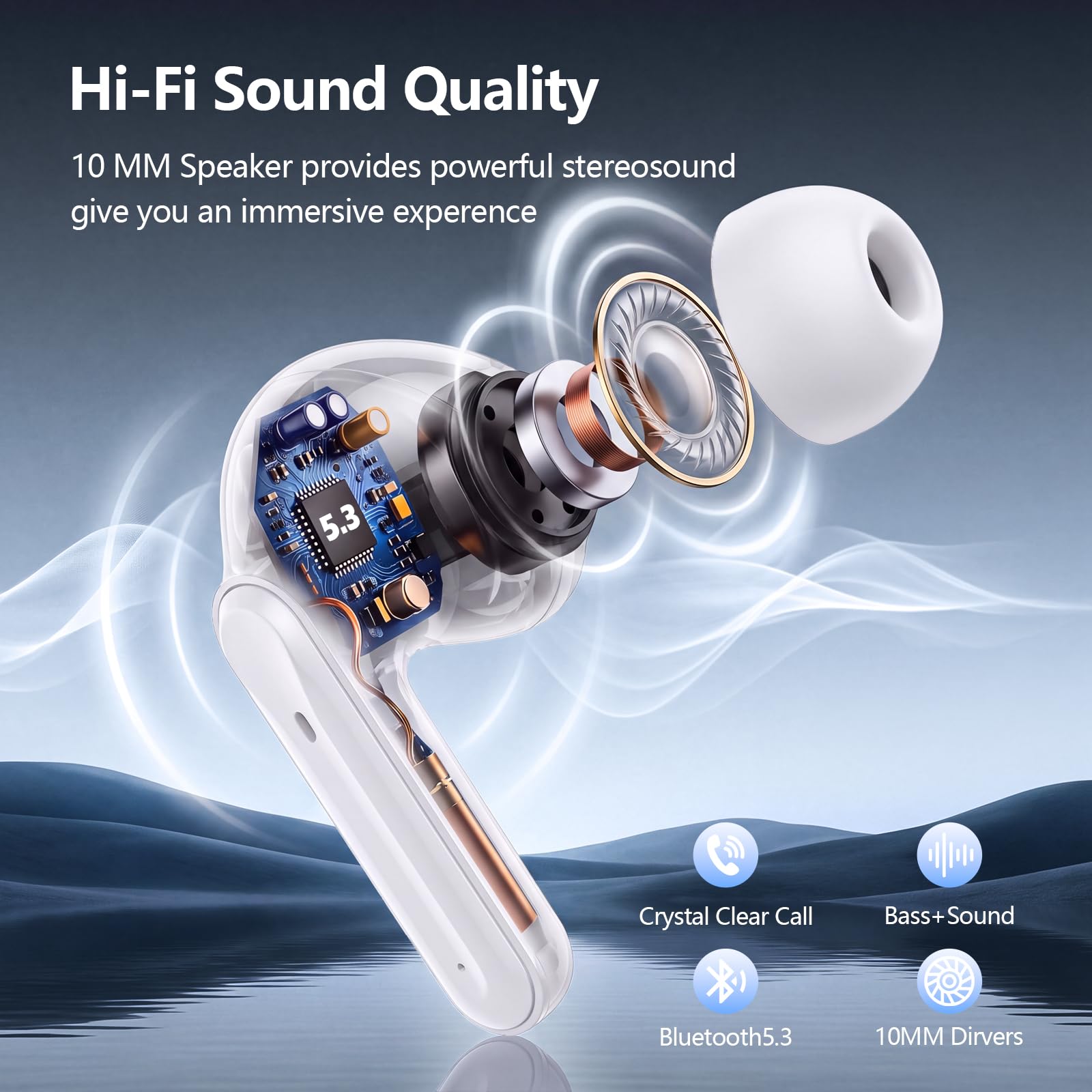 Bluetooth Kopfhörer, Kopfhörer Kabellos Bluetooth 5.3 mit 72std Spielzeit, ENC Noise Cancelling Wireless Earbuds Tiefer Bass, Touch Control, IP7 Wasserdicht Ohrhörer LED-Anzeige für Arbeit/Studium