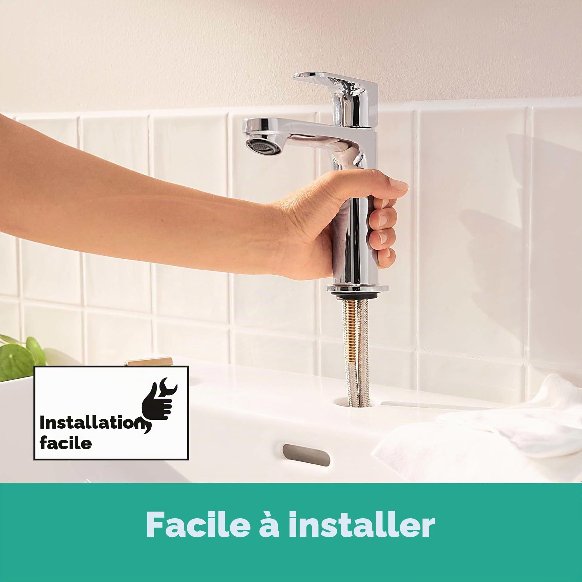 hansgrohe Rebris S - Mitigeur de lavabo sans tirette ni vidage, économie d'énergie (CoolStart), Robinet de salle de bain avec hauteur sous bec 109 mm, économie d'eau (EcoSmart), 72520000