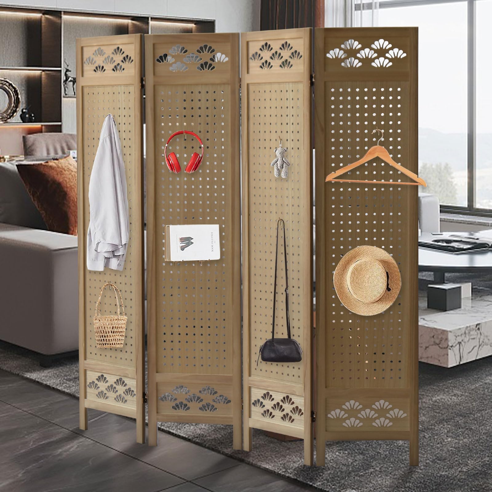 4 Panel Pegboard Room Divider, Room Dividers and Folding Privacy Screens Wooden Room Divider Screen Privacy Dividers for Rooms, Room Divider Wall, Bedroom, Shop, Brown