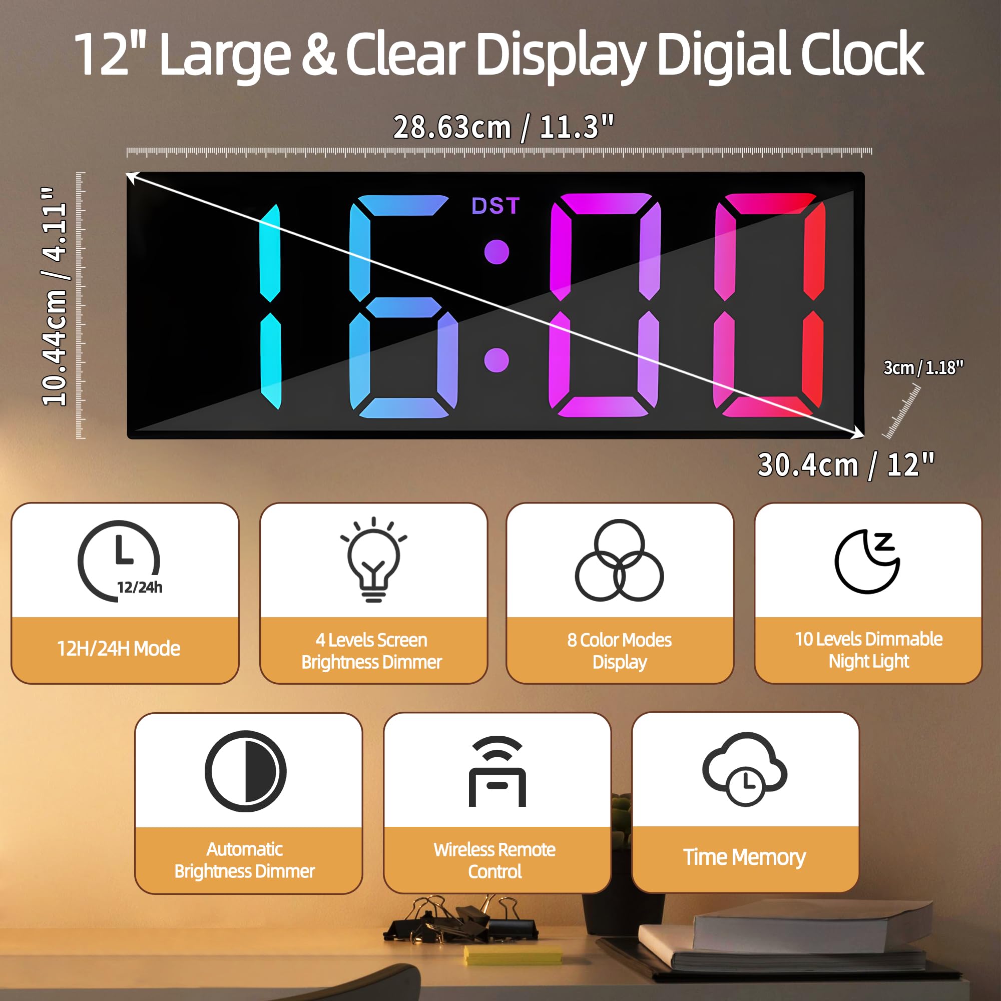 HAITANG Orologio da Parete Digitale - Orologio Digitale da Tavolo 12" con Dimmer Automatico della Luminosità RGB, Luci Notturne, LED 24/12 Ore per Scrivania, Camera da Letto, Ufficio e Soggiorno