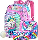 Unicorn Backpack for Girls, Sequin School Bookbag and Lunch Box - 16" Kids Backpacks Set 4 in1