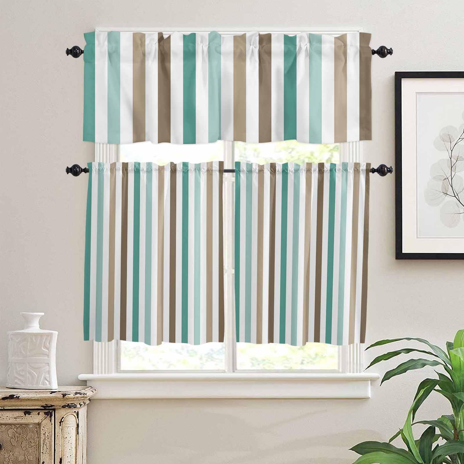 Brown Stripe Kitchen Curtains 36 Inch Length,3 Piece Rod Pocket Small Half Tiers and Valance Set,Ombre Geometric Teal Green Vertical Striped Small Large Window Treatment Decor for Bedroom/Bathroom