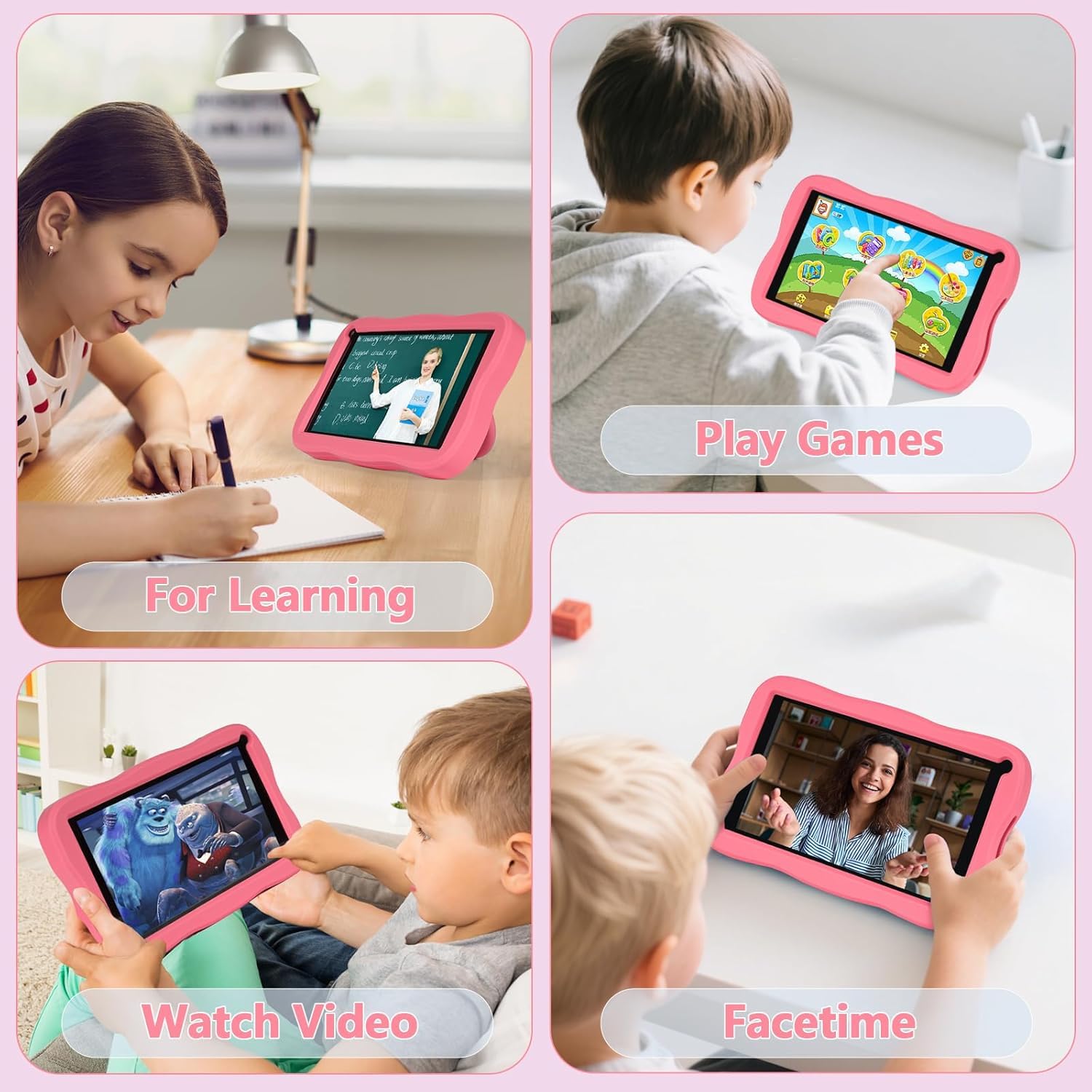SUMTAB Tablet Bambini 7 Pollici con Controllo Parentale, Android 13 Tablette, 8 GB RAM 64GB ROM (256 GB Estensione) Bluetooth, WiFi,Tablet per Bambini con Custodia(Rosa)