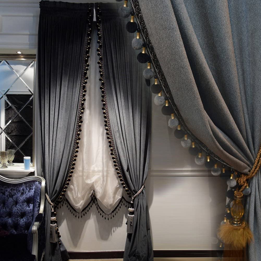 Helen curtain Luxury Pom Poms Curtain for Living Room Blackout Velvet 2 Panels Curtains Set Luxury Tassel Bedroom Curtains (Iron-Grey,,（50W×108L）×2)