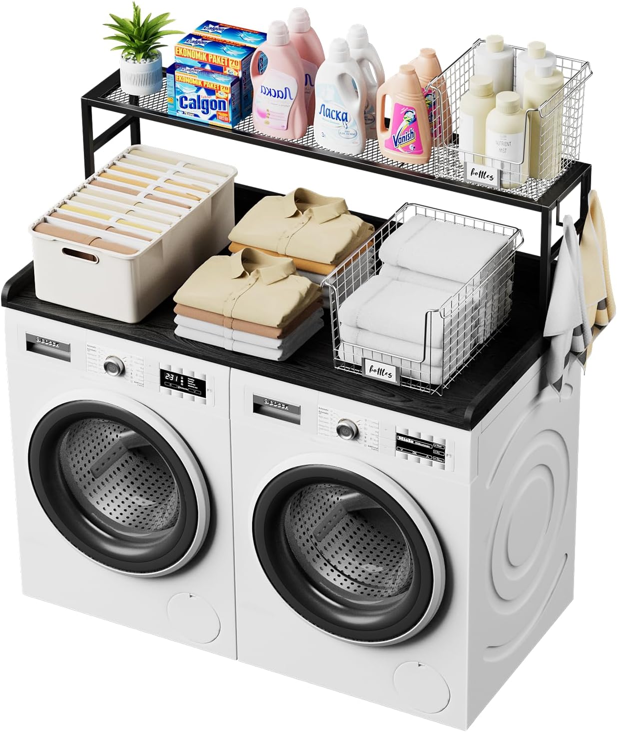 Washer Dryer Countertop with Shelf, Washer Dryer Topper, Solid Wood Washers and Dryers Countertop, 54" Width x 27.5" Depth Laundry Countertop for Laundry Room Organization and Storage, Black Black-with Shelf