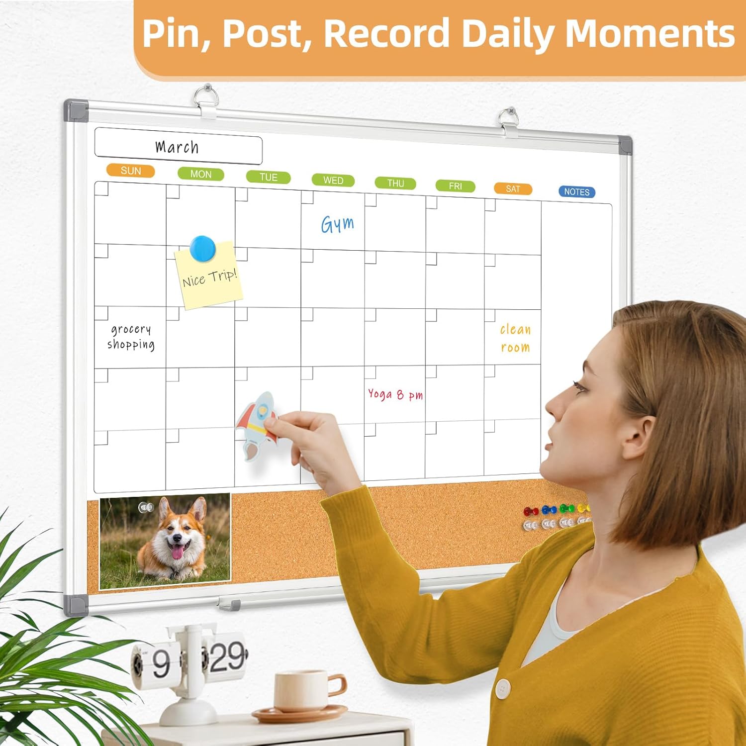 Dry Erase Calendar Whiteboard for Wall, WALGLASS 36" x 24" Double-sided Monthly Calendar White Board Cork Combo, Hanging Wall Mounted Bulletin Corkboards Silver Aluminum Frame for Home, Office, School
