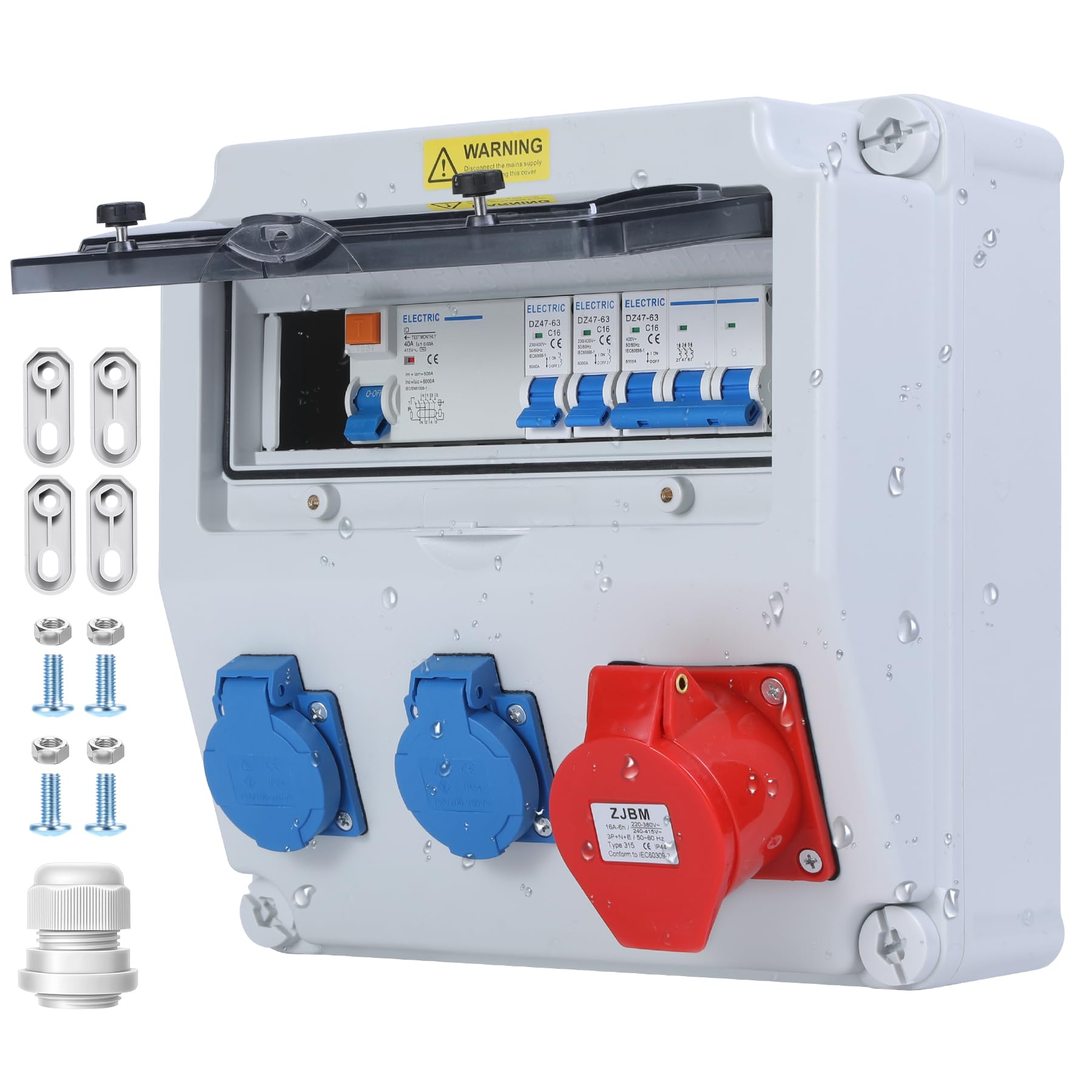 VAYALT Distributore a parete precablato, 2 prese Schuko da 230 V + 1 presa CEE da 400 V 16 A, 5 poli, distributore di corrente con interruttore FI e interruttore LS, distributore di corrente per