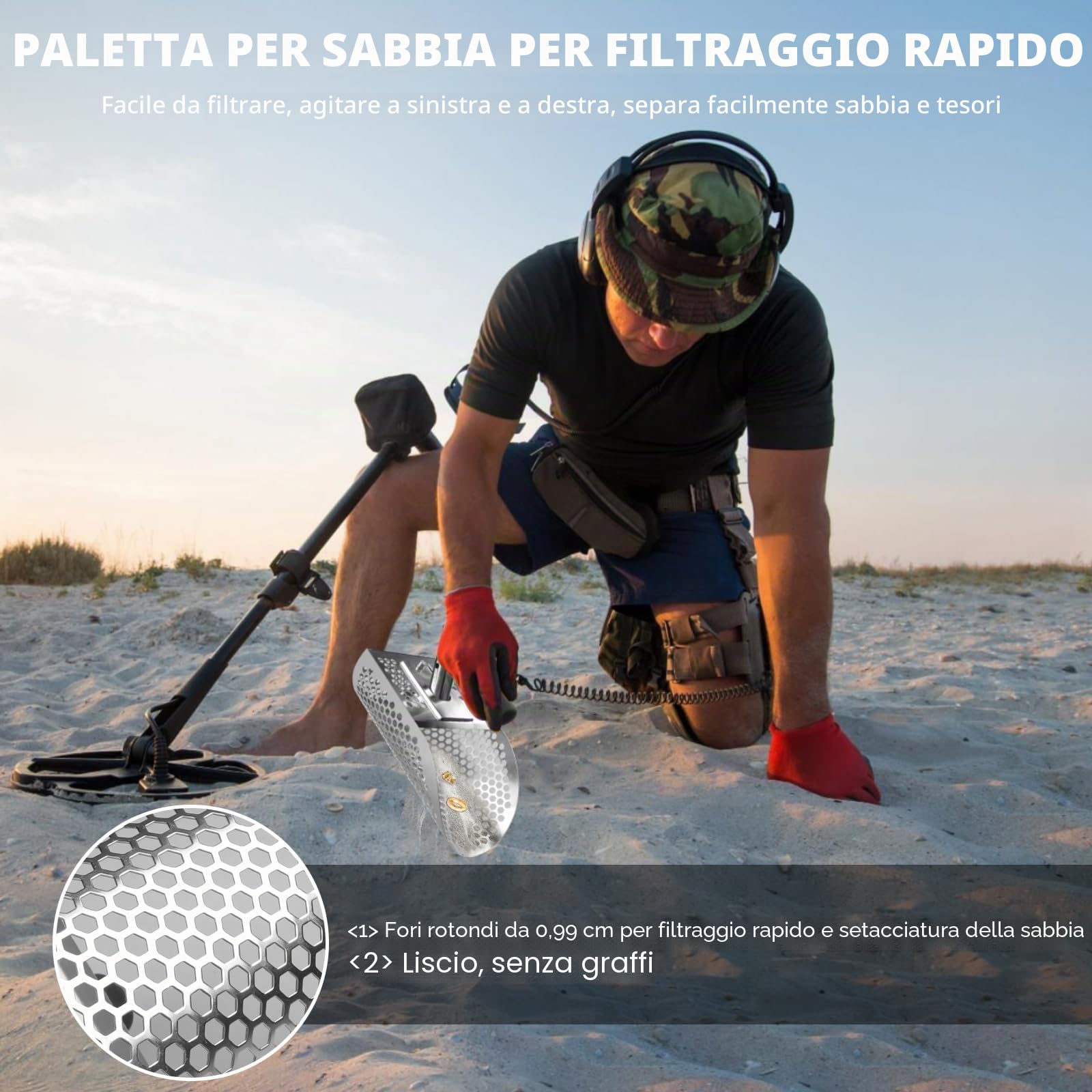 Rivelatore di Metalli Pala di Sabbia in Acciaio Inossidabile – Pala Setaccio da Spiaggia con Manico Smontabile, anti-ruggine Paletta da Spiaggia per Rilevamento Subacqueo, Gioco di Sabbia