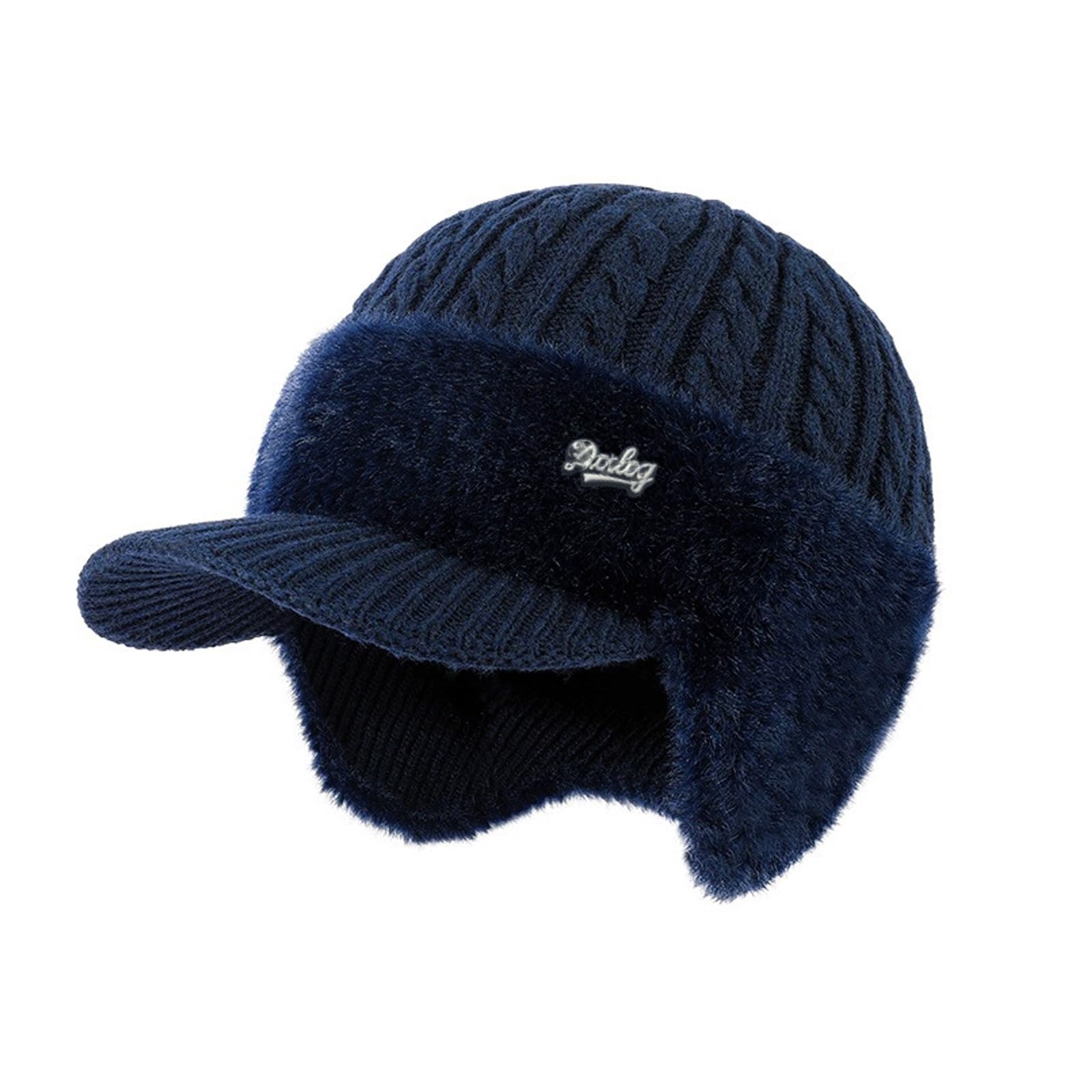 Zdouxuan Men's Blue Trapper Blocking Knitted Hats, Winter Cozy Hat With Brim And Ear Knitted Caps With Fleece Lining Warmth(Blue)