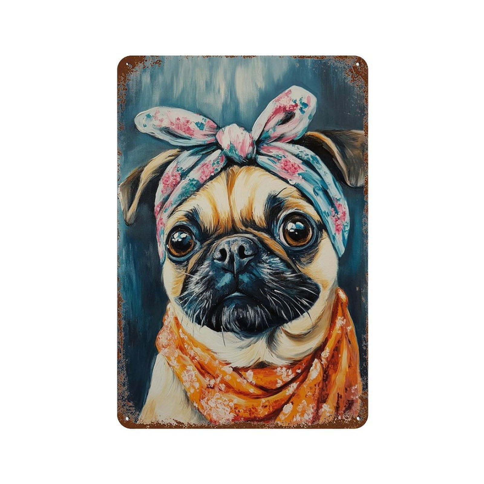 Floral Bandana Pug Painting Rust Effect Tin Sign 11.8"x7.9", Industrial Home Decor for Cafe, Home Bar And Lounge Decor