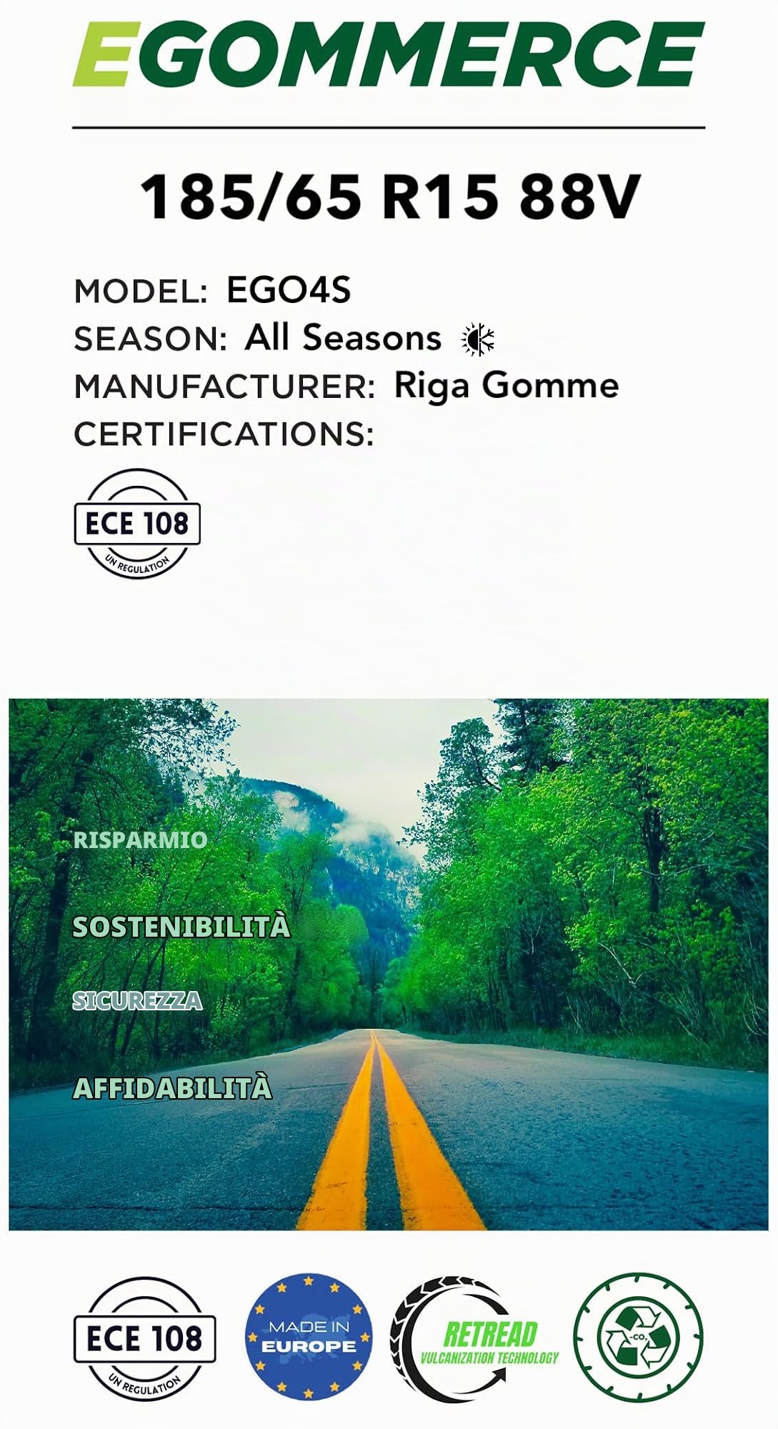 EGOMMERCE - Pneumatico Auto ECO4S 185/65 R15 88V 4 Stagioni Certificato M+S - Pneumatici Automobile All Season - Gomme per Auto Made in Italy ed Ecofriendly - Garanzia 2 Anni