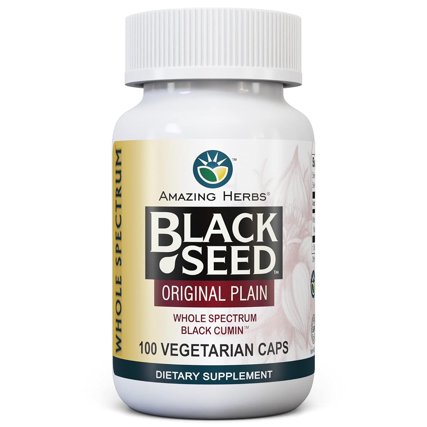 Amazing Herbs Whole Spectrum Black Seed Original Plain, Cápsulas Vegetais - Sem Glúten, Não Transgênico, Nigella Sativa Fria para Saúde Digestiva - 100 Contagem, 475mg