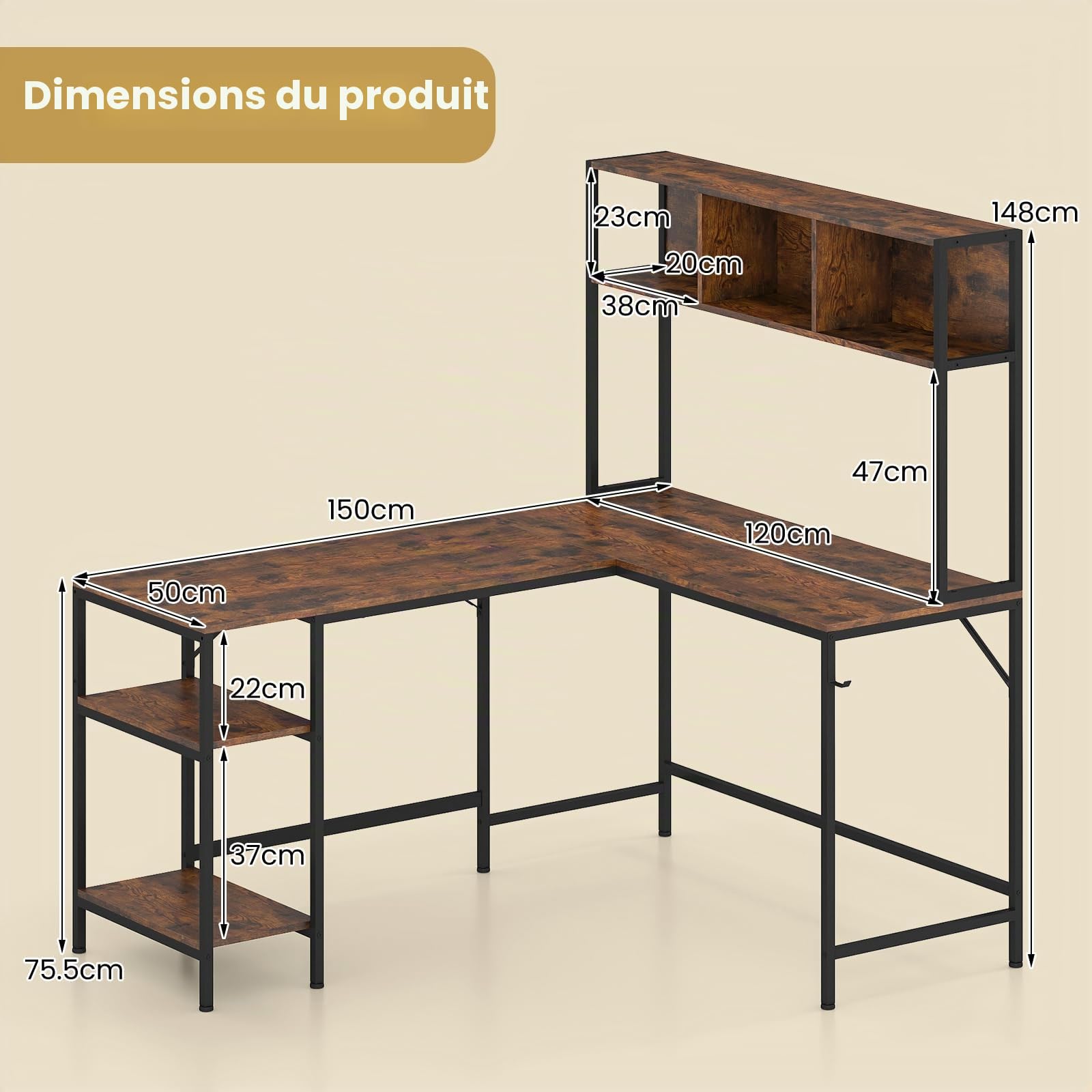 GIANTEX Bureau en L avec Bibliothèque, Étagères Latérales et Crochet, Structure Métallique, Bureau Gaming d'angle avec Pieds Antidérapants Réglables, Table Gamer pour Jouer, Travailler (Marron)
