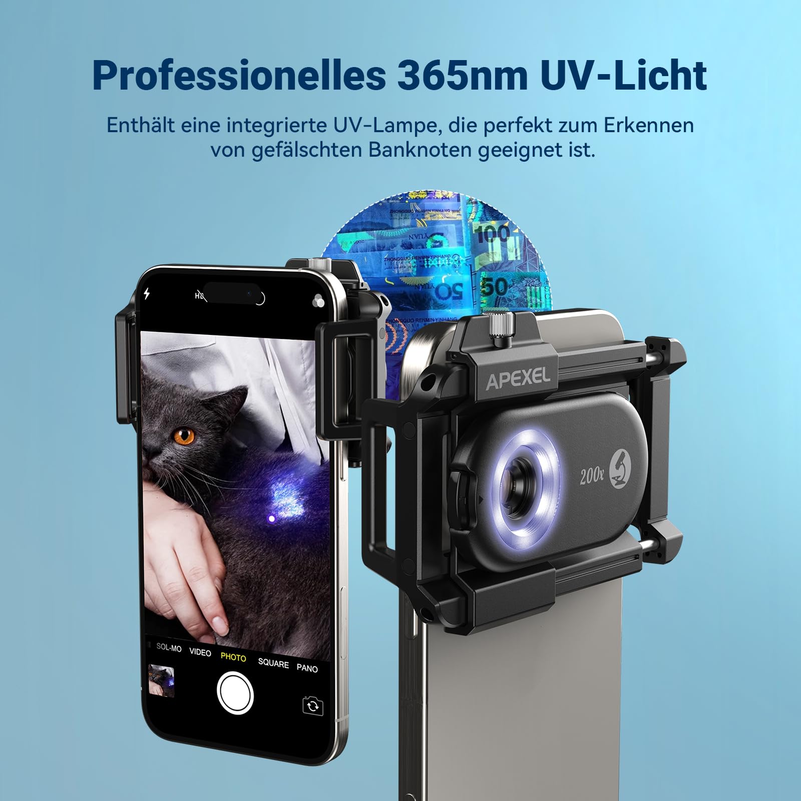 200 x mikroskop do telefonu komórkowego z CPL, soczewka mikroskopowa do telefonu komórkowego z oświetleniem LED UV/uniwersalny klips, praktyczny mini mikroskop do systemu Android/iPhone