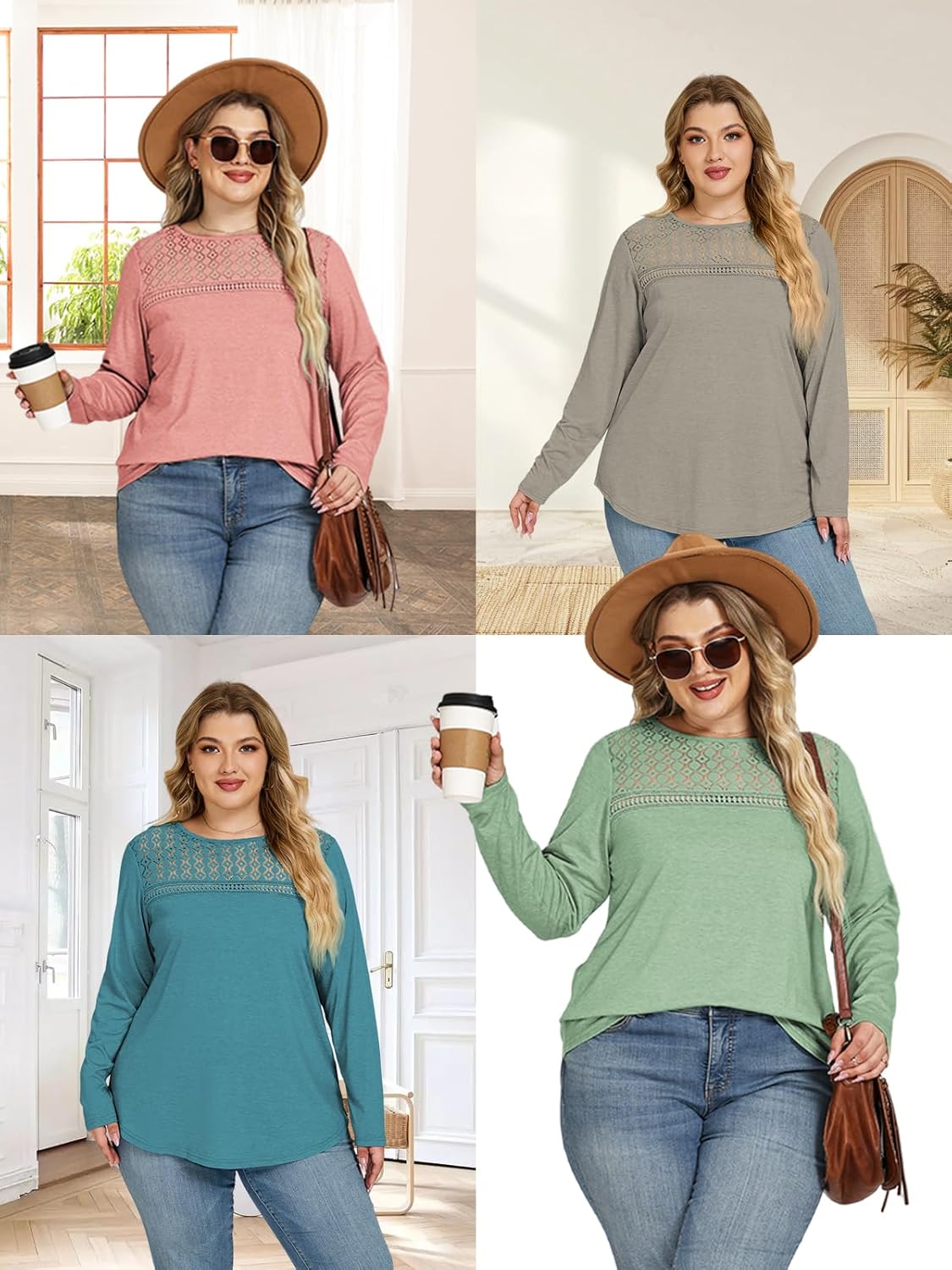 VISLILY Plus-Size-Tops for Women Trendy Lace Crewneck T Shirts Cute Long Sleeve Dressy Blouses Loose Fit Casual Tunics Tees - Image 6