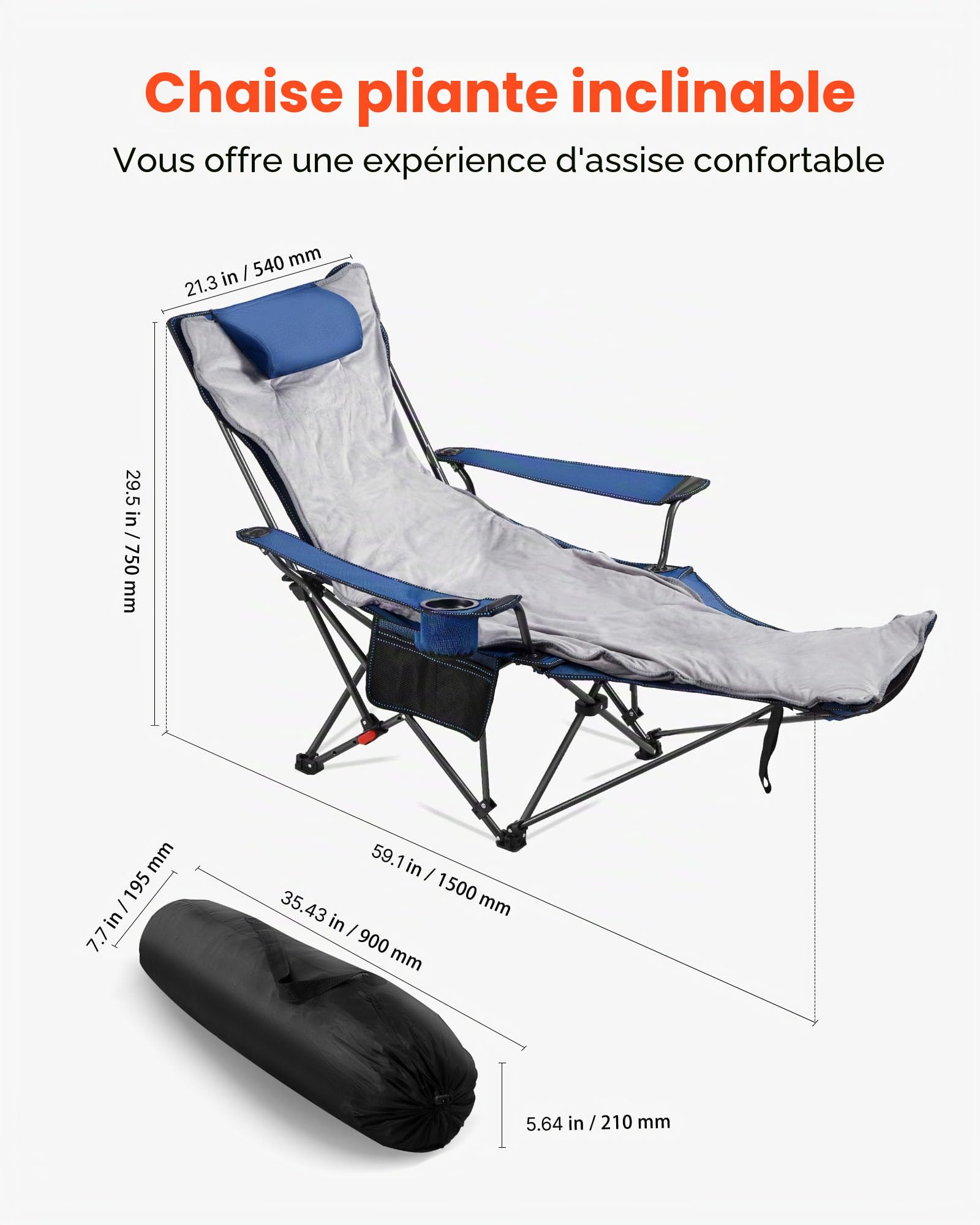 VEVOR Chaise de Camping Pliante, 4 Positions Réglables, Chaise Longue Inclinable Portable pour Adultes, avec Repose-Pieds, Coussin Moelleux, Charge 100 kg, Tissu en Maille, pour Plage, Terrasse, Bleu