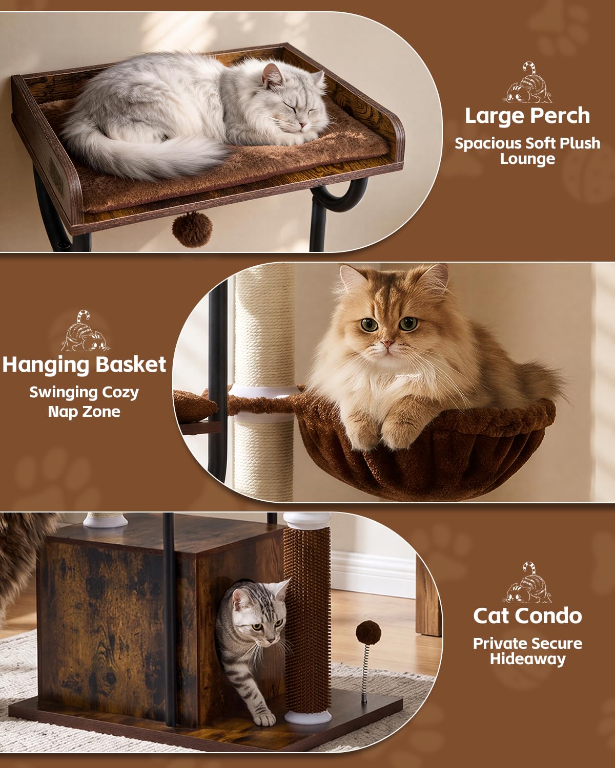 FourFurPets Albero Tiragraffi per Gatti 188cm, Tiragraffi con Cuccia per Gatti e 5 Pali in Sisal, Tiragraffi a Torre per Gatti con 4 Ripiani e Casetta per Gatti Adulti, Legno Moderno (Marrone Rustico)