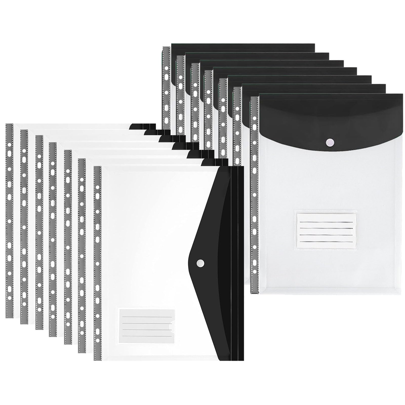 14PCS Plastic Wallets A4 Punched Pockets, 11 Holes Expandable Binder Folders for 2/3/4 Ring Document Pouch with Snap Button & Label Loose-Leaf Transparent for Office School Home (T7S7)